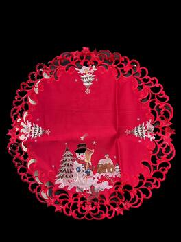 Jiallo - Snow Man Embroidered Cutwork Round Placemat, 23-Inch diameter Table Linen - Red