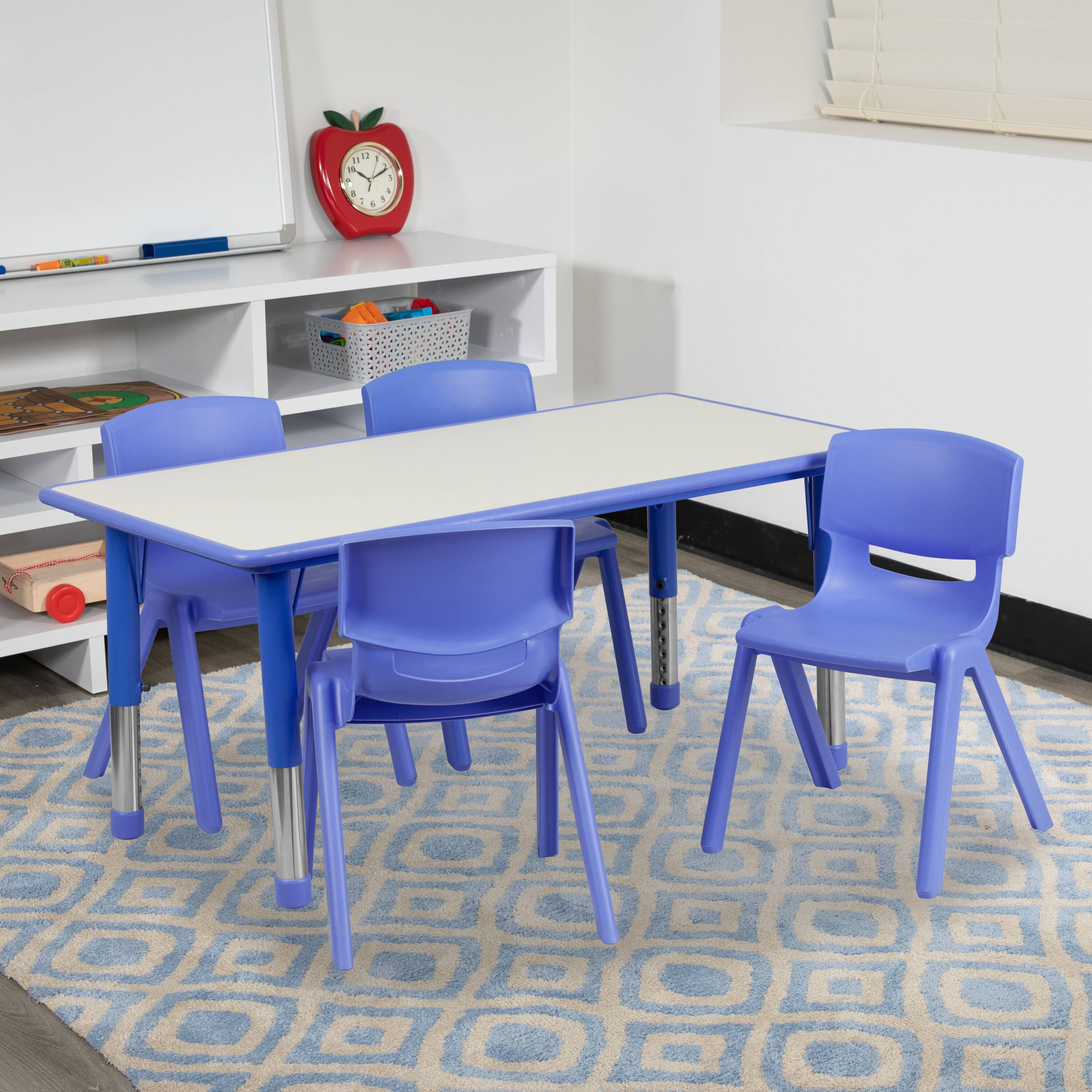 Front. Emma + Oliver - 23.625"W x 47.25"L Rectangular Plastic Height Adjustable Activity Table Set with 4 Chairs - Blue.