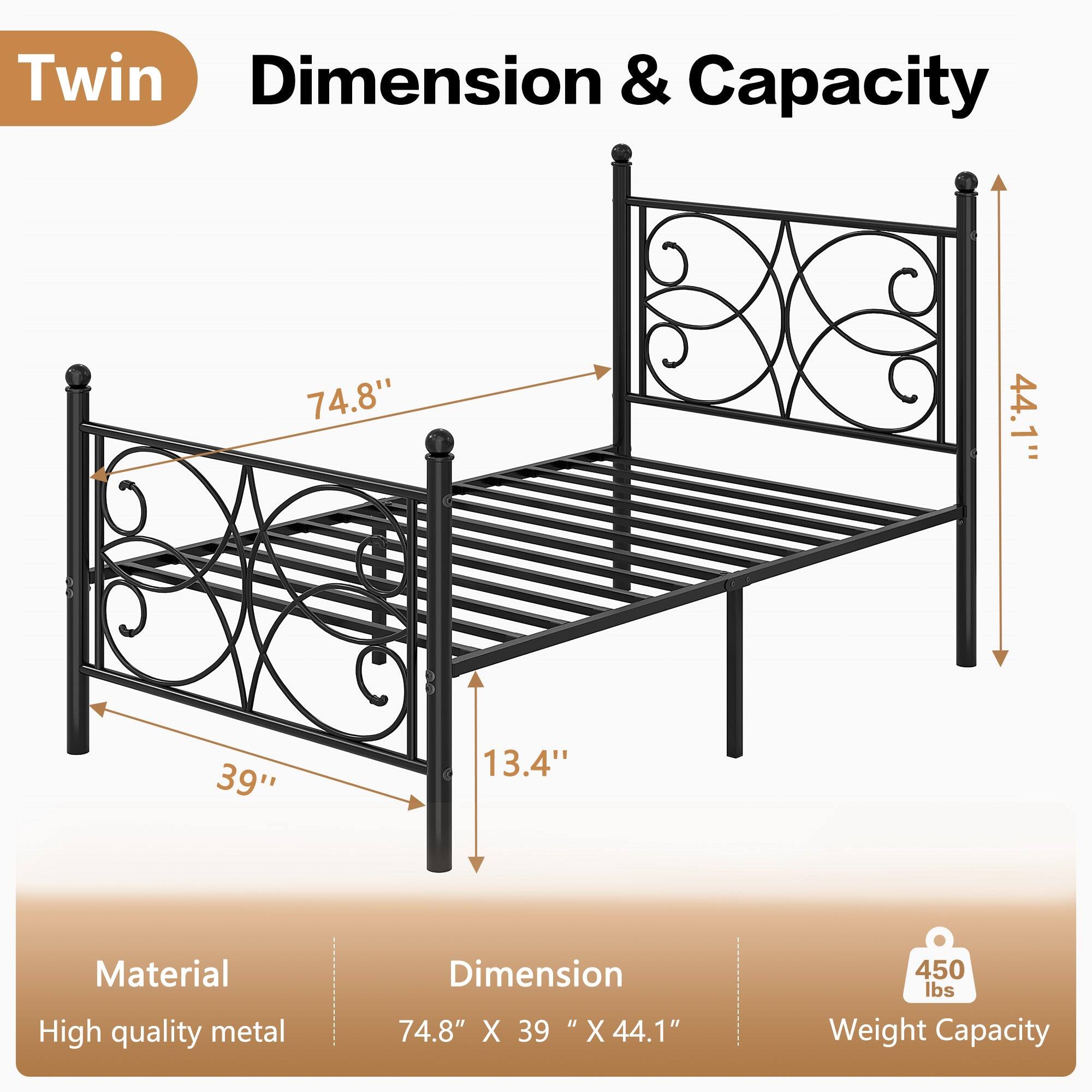 Twin  
Dimension & Capacity  

Material: High quality metal  
Dimension: 74.8" X 39" X 44.1"  
Weight Capacity: 450 lbs