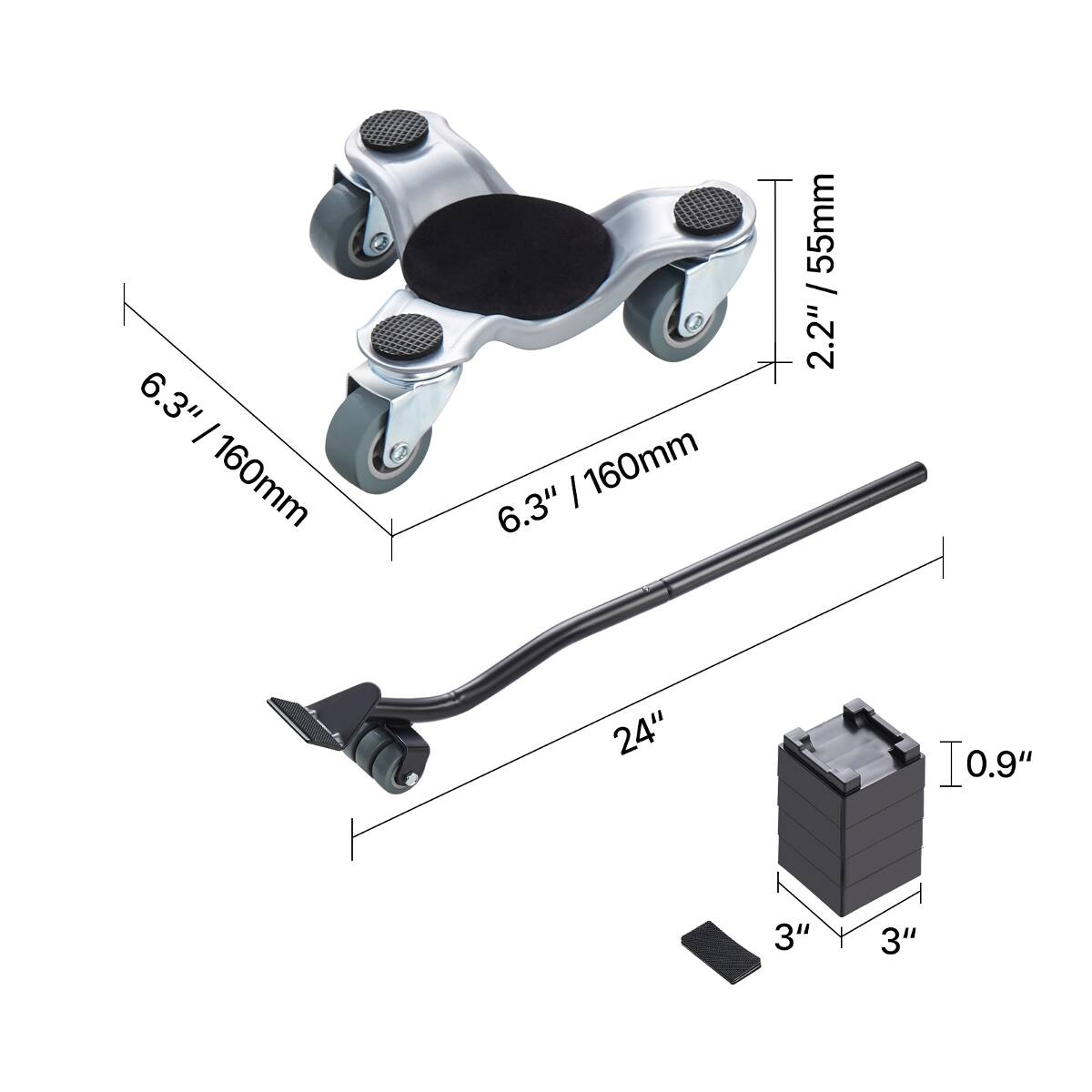 6.3" / 160mm  
55mm / 2.2"  
24"  
0.9"  
3"