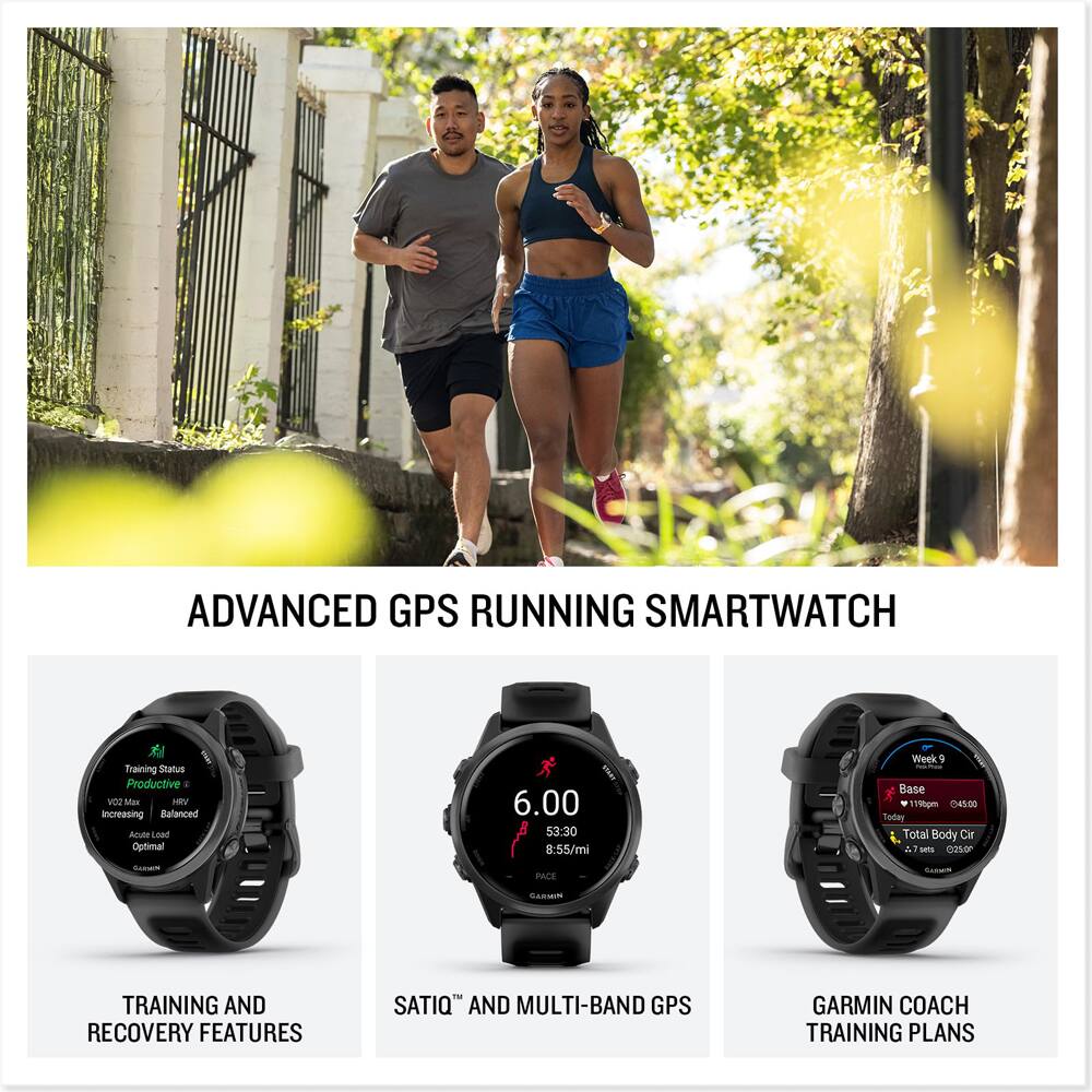ADVANCED GPS RUNNING SMARTWATCH

TRAINING AND RECOVERY FEATURES

SATIQ™ AND MULTI-BAND GPS

GARMIN COACH TRAINING PLANS

Training Status
Productive
Increasing
Balanced
Acute Load
Optimal

6.00
53:30
8:55/mi

Week 9
Base
Total Body Cir
7.4 sets
02:56

GARMIN