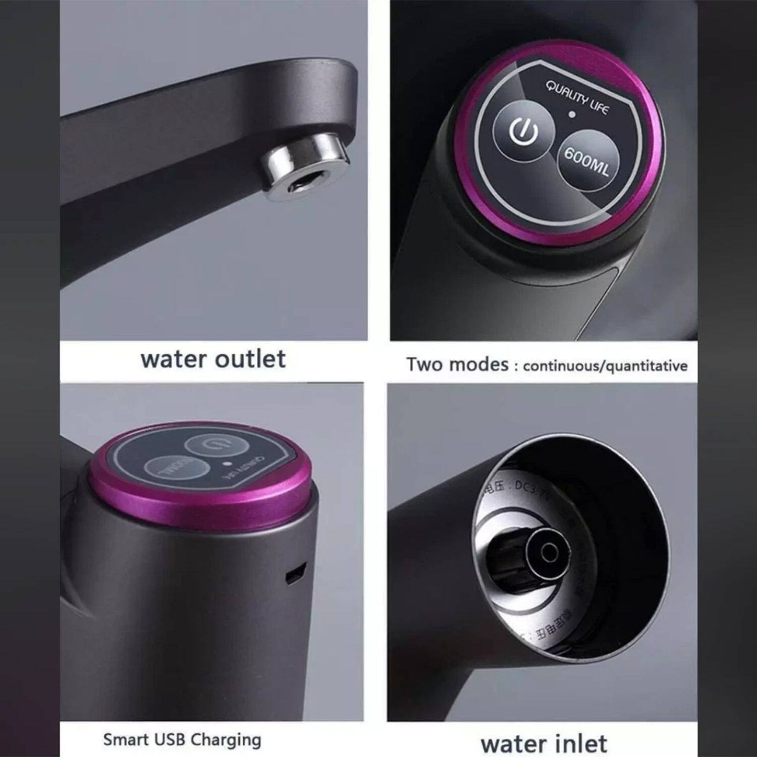 - water outlet
- Two modes: continuous/quantitative
- Smart USB Charging
- water inlet

QUALITY LIFE  
600ML  
G T MWO AE DC3.7