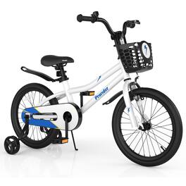 Costway - 18" Kid's Bike with Removable Training Wheels & Basket for 4-8 Years Old Boys Girls - White+Blue