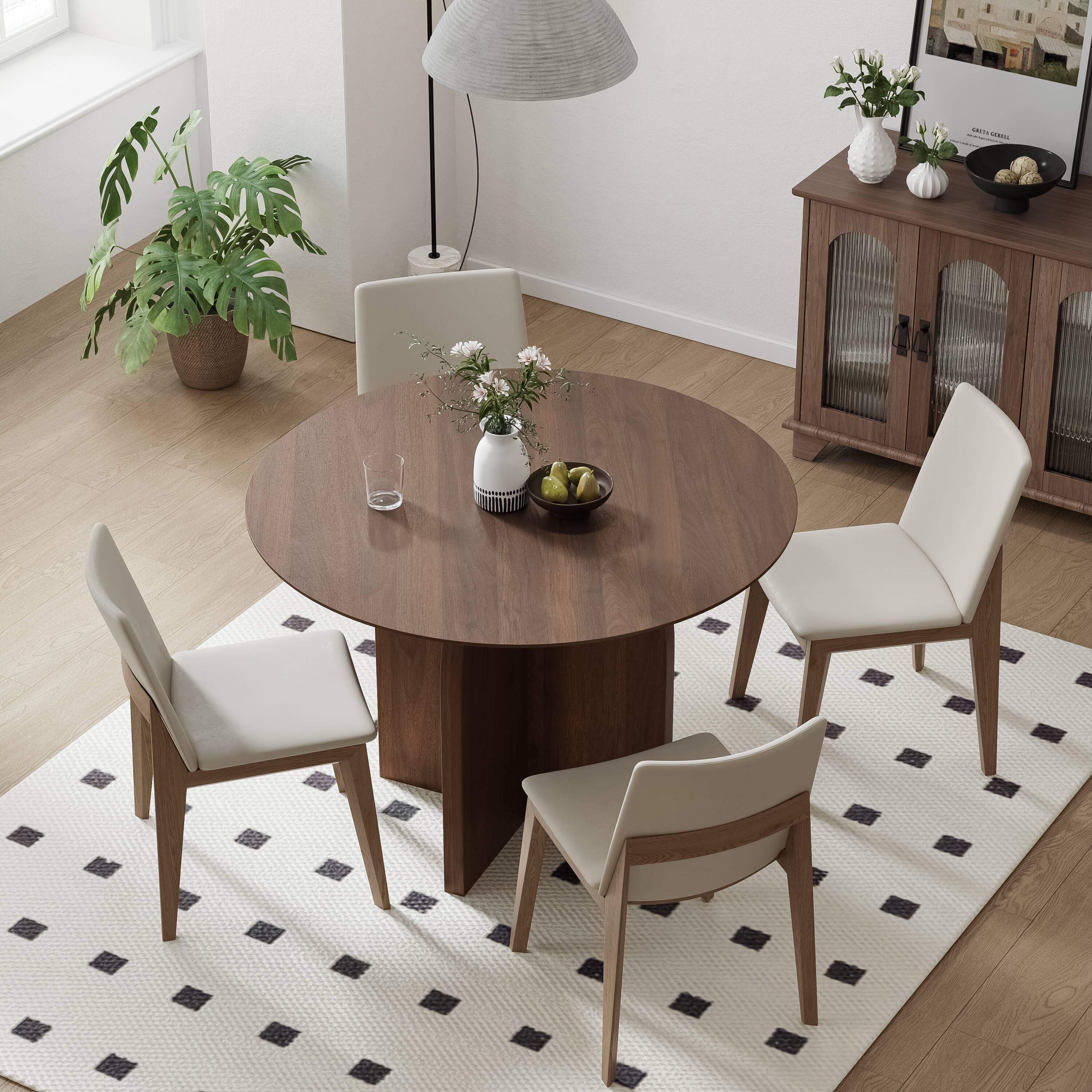 Alt View 3. PexFix - Minimalist Farmhouse Round Solid Oak 42 in. W Arched Cross Legs Kitchen & Dining Table Seats 4 - Walnut.