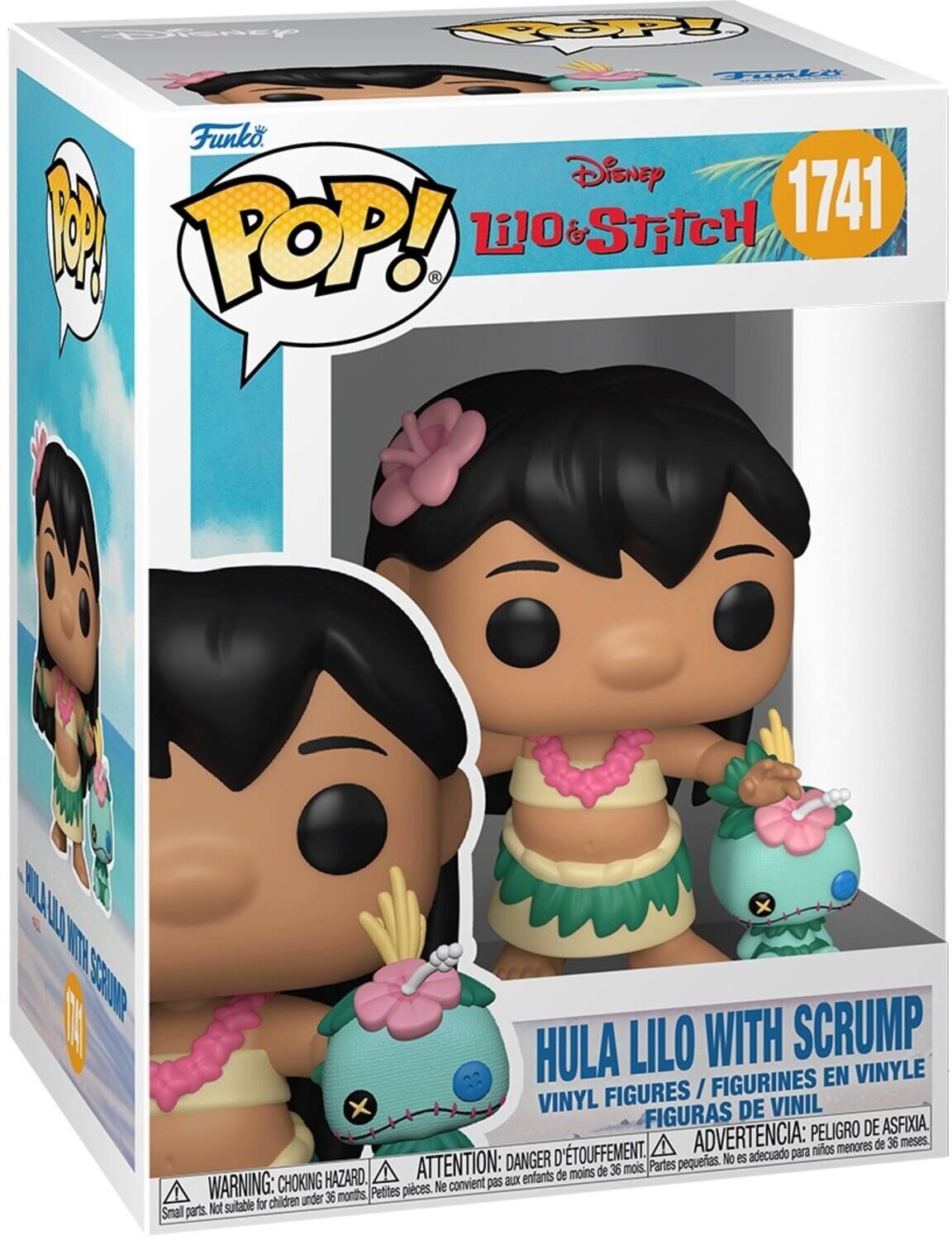 Funko POP! Disney Lilo & Stitch 1741  
Hula Lilo with Scrumpt  
Vinyl Figures / Figurines en Vinyle / Figuras de Vinil  
Warning: Choking Hazard. Small parts. Not suitable for children under 36 months.  
Advertencia: Peligro de asfixia. Piezas pequeñas. No es adecuado para niños menores de 36 meses.  
Attention: Danger d'étouffement. Petites pièces. Ne convient pas aux enfants de moins de 36 mois.