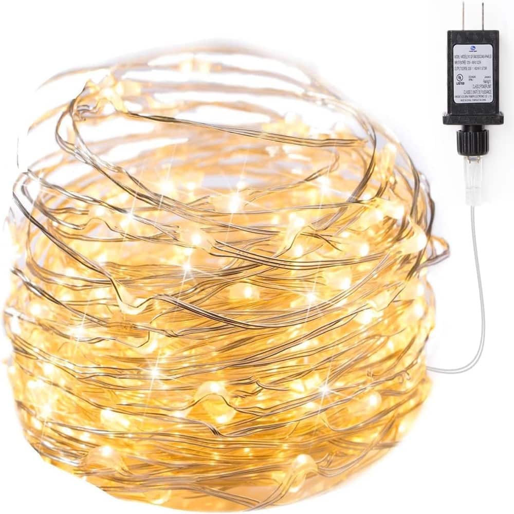 ACJPR - 33ft Warm White Fairy Lights, 100 LED Plug-In Silver Wire, Waterproof