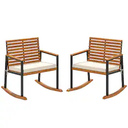 Outsunny - Wood Outdoor Lawn Rocking Chair Set of 2, Outdoor Patio Rocking Chairs with Armrests, Cushion - Cream White