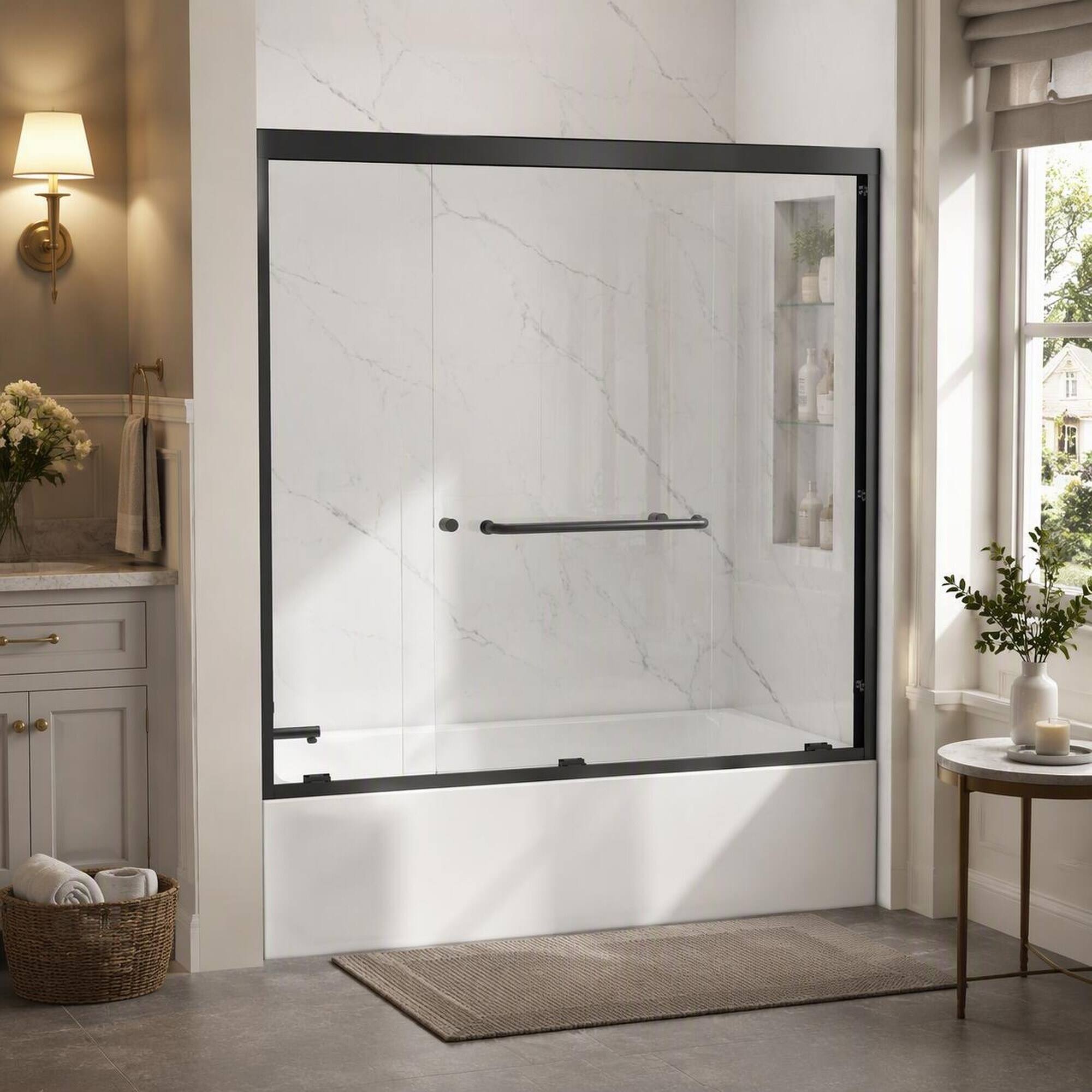 Angle. RYHNUYNE - 55-60 In W X 60 In H Double Bypass Sliding Shower Door, 1/4 In Clear Tempered Glass Matte Black Finish - Matte Black.