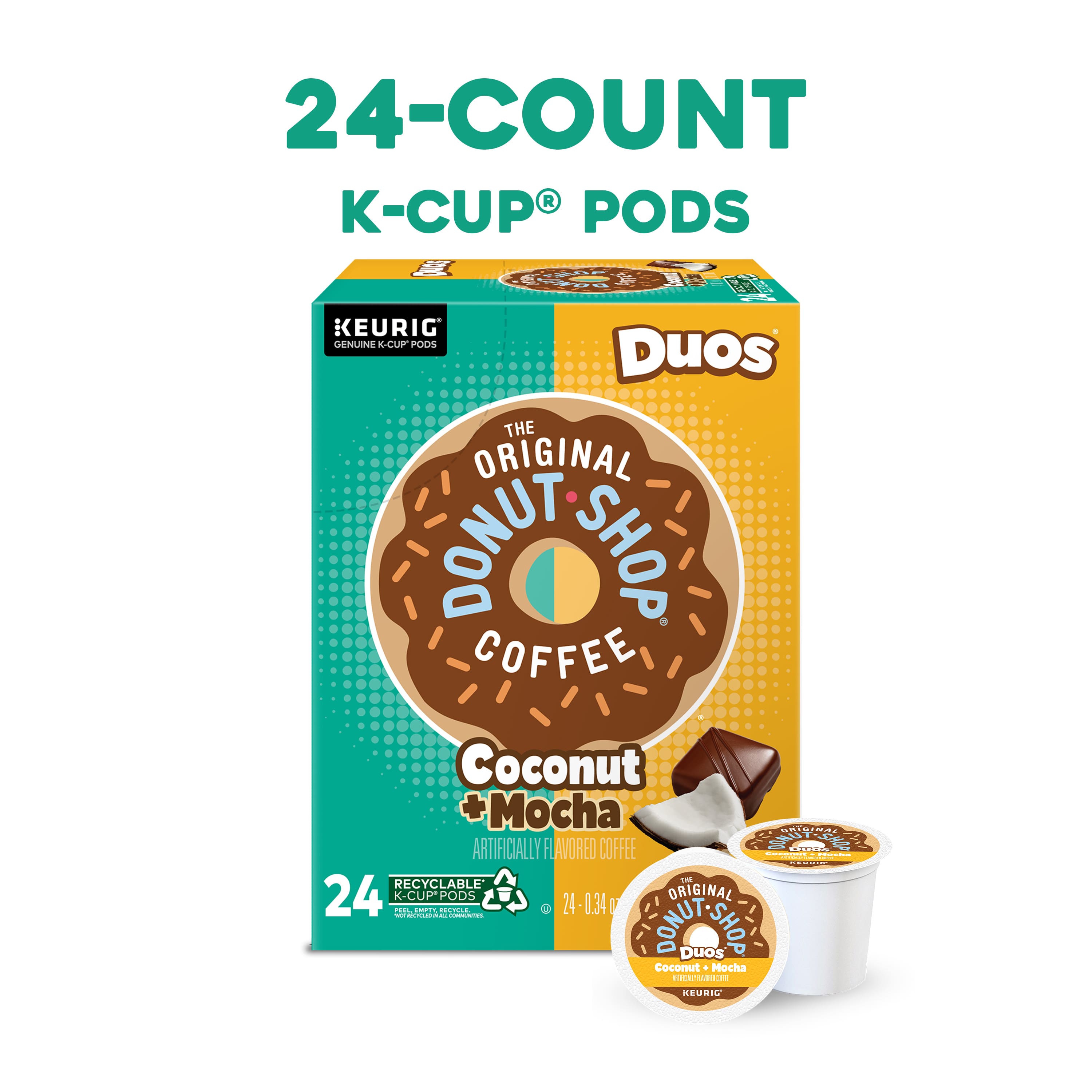 24-COUNT R K-CUP PODS KEURIG GENUINE K-CUP PODS Duos THE ORIGINAL DONUT SHOP COFFEE Coconut Mocha 24 K-CUP* PODS ORIGINAL TOOLAMCS SM + 24 24-0.34 1 I - SNUTSE Duos SHOP Coconut . Mocha B - MEUIL .