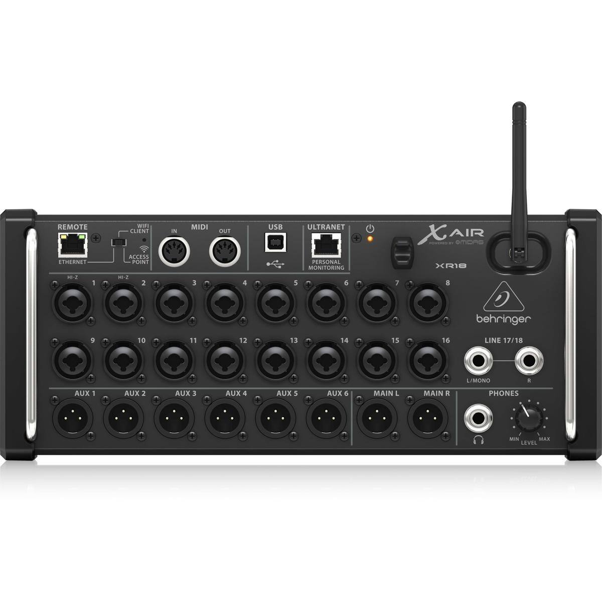 REMOTE + ETHERNET WIFI CLIENT ACCESS POINT IN MIDI OUT USB ULTRANET + PERSONAL MONITORING XAIR AIR encme XR18 1 HI-Z 2 3 4 5 6 7 8 9 10 11 12 13 14 15 16 LINE 17/18 L/MONO AUX 1 AUX 2 AUX 3 AUX 4 AUX 5 AUX 6 MAIN L MAIN R PHONES -IN MIN/MAX LEVEL