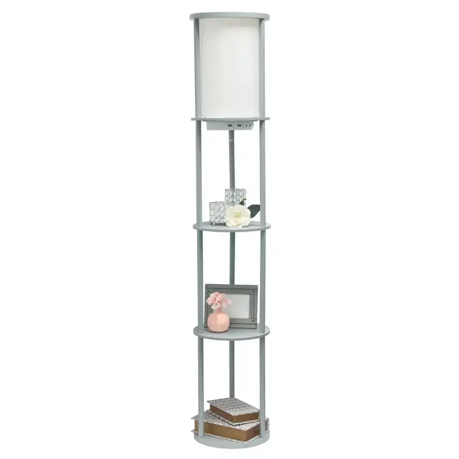 Alt View 14. Simple Designs - Round Etagere Storage Floor Lamp with 2 USB, 1 Outlet - Gray.