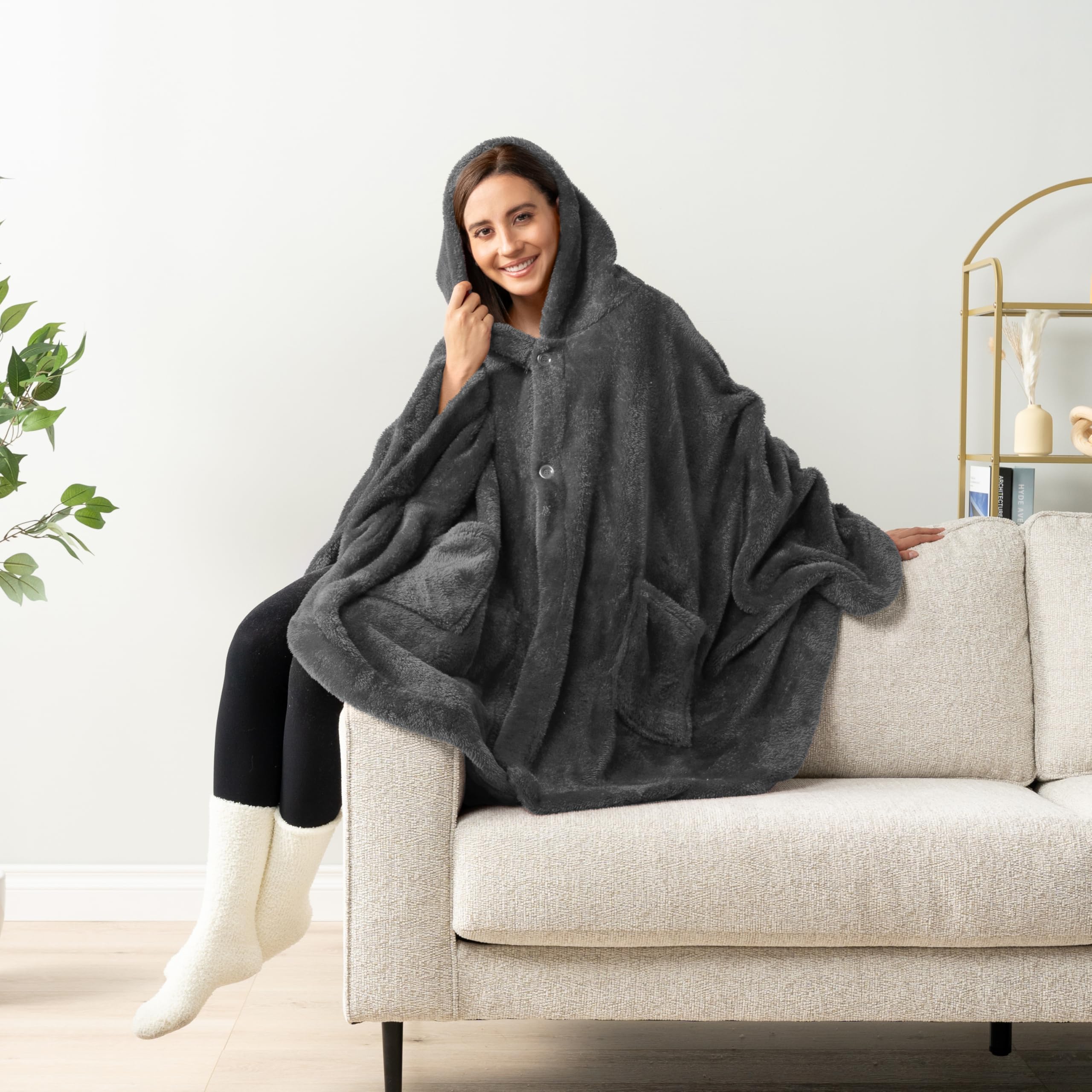 Alt View 3. Paradigms Interiors - Angel Wrap Hooded Blanket Poncho Wearable Throw For Women Adult Cozy Fluffy Sherpa Shawl Cape WEARABLE BLAN... - Black.