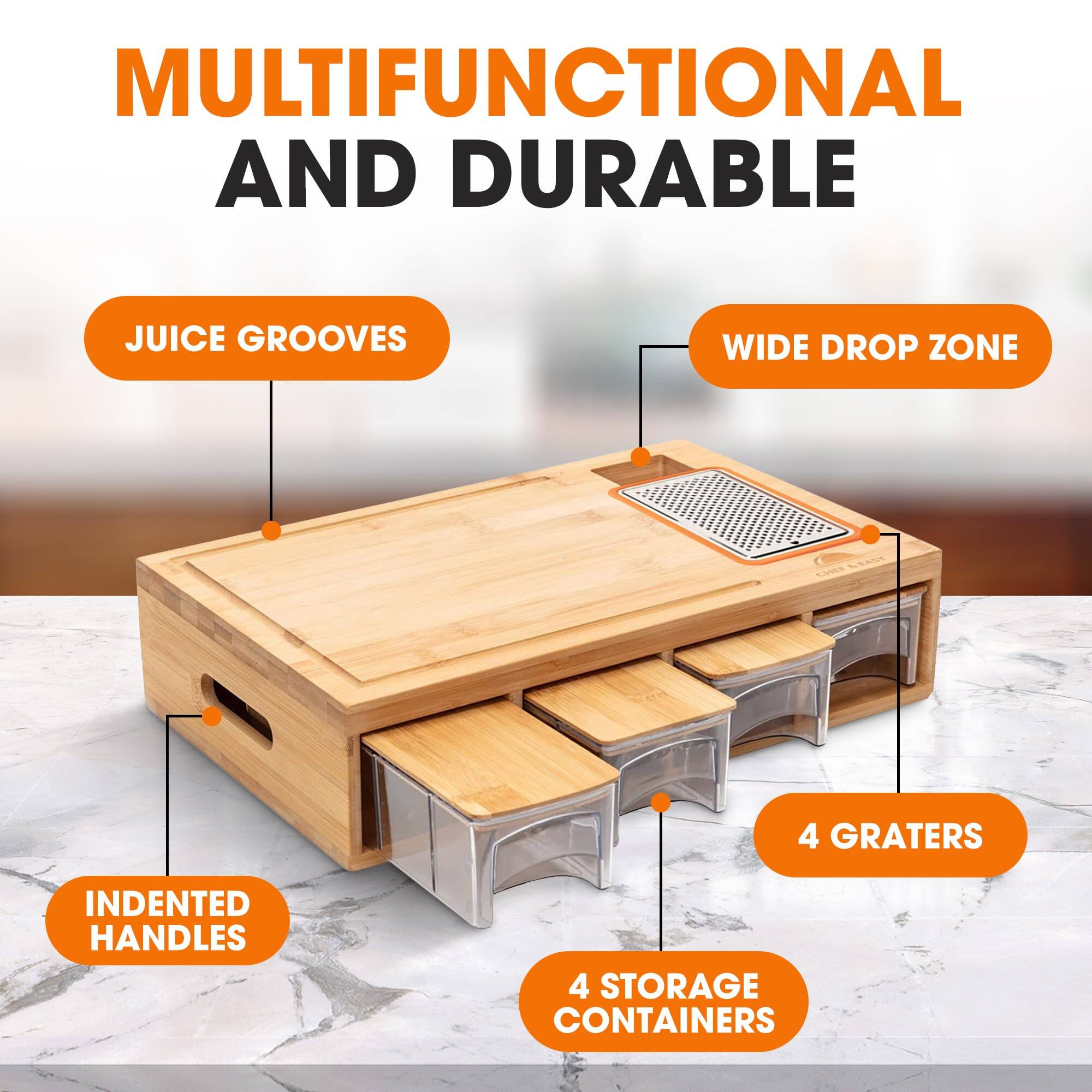 MULTIFUNCTIONAL AND DURABLE  
- JUICE GROOVES  
- WIDE DROP ZONE  
- 4 GRATERS  
- INDENTED HANDLES  
- 4 STORAGE CONTAINERS