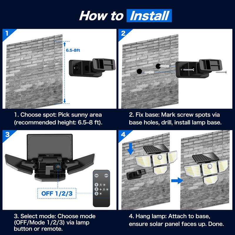 How to Install

1. Choose spot: Pick sunny area (recommended height: 6.5-8 ft).
2. Fix base: Mark screw spots via base holes, drill, install lamp base.
3. Select mode: Choose mode (OFF/Mode 1/2/3) via lamp button or remote.
4. Hang lamp: Attach to base, ensure solar panel faces up. Done.