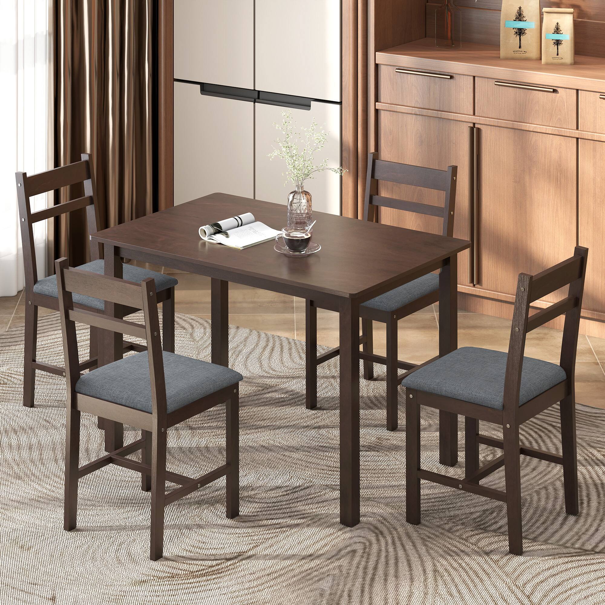 Alt View 1. Homcom - Solid Wood Dining Table Set for 4 - Walnut and gray.