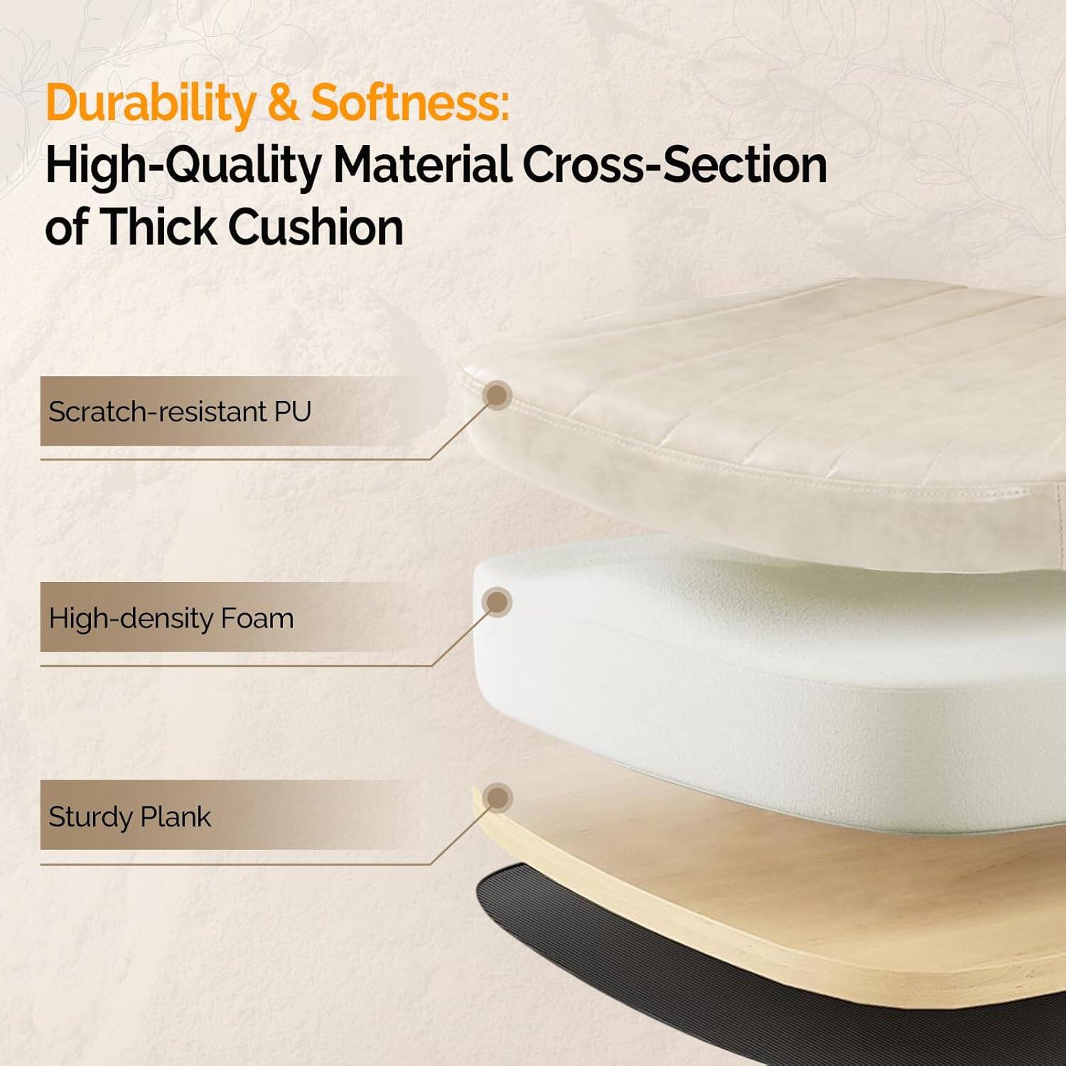 Durability & Softness: High-Quality Material Cross-Section of Thick Cushion

- Scratch-resistant PU
- High-density Foam
- Sturdy Plank