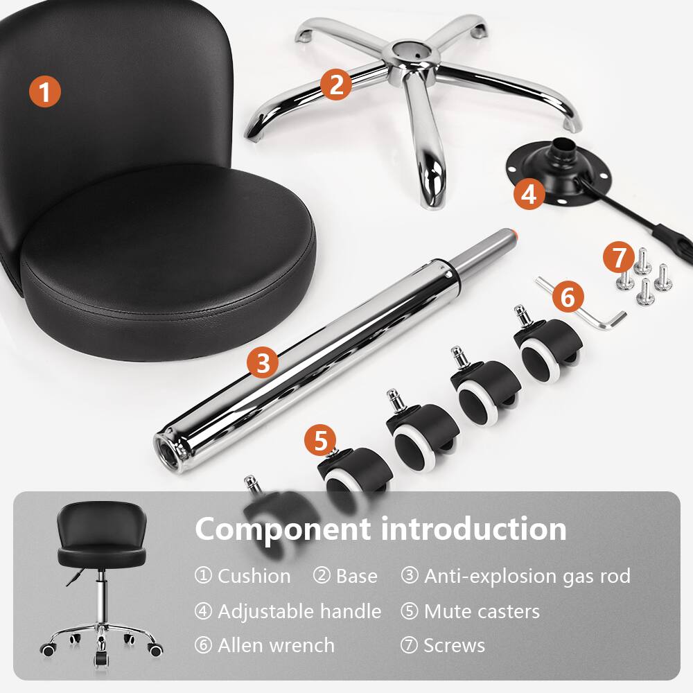 1. Cushion  
2. Base  
3. Anti-explosion gas rod  
4. Adjustable handle  
5. Mute casters  
6. Allen wrench  
7. Screws  

Component introduction  
1. Cushion  
2. Base  
3. Anti-explosion gas rod  
4. Adjustable handle  
5. Mute casters  
6. Allen wrench  
7. Screws