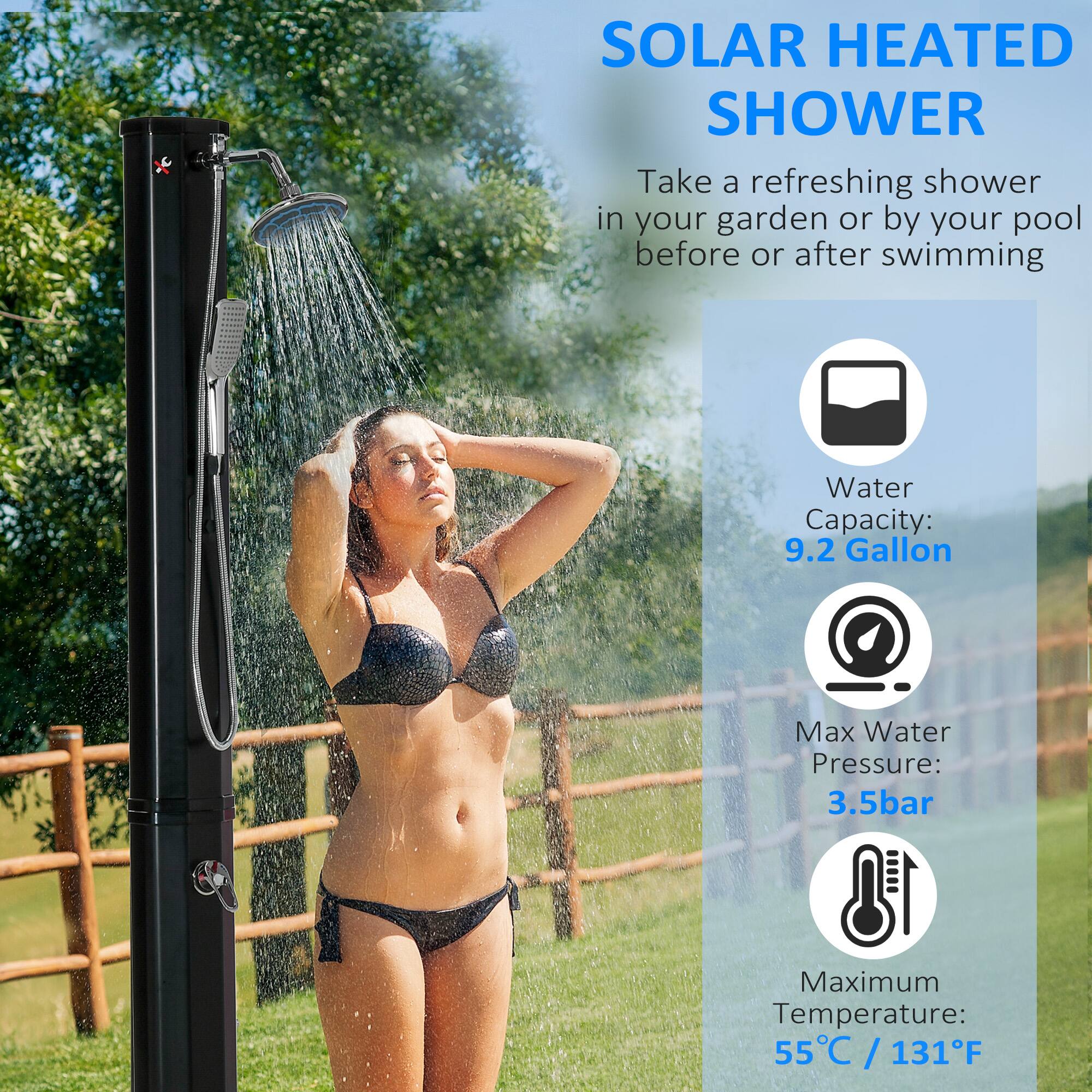 SOLAR HEATED SHOWER

Take a refreshing shower in your garden or by your pool before or after swimming.

- Water Capacity: 9.2 Gallon
- Max Water Pressure: 3.5 bar
- Maximum Temperature: 55°C / 131°F