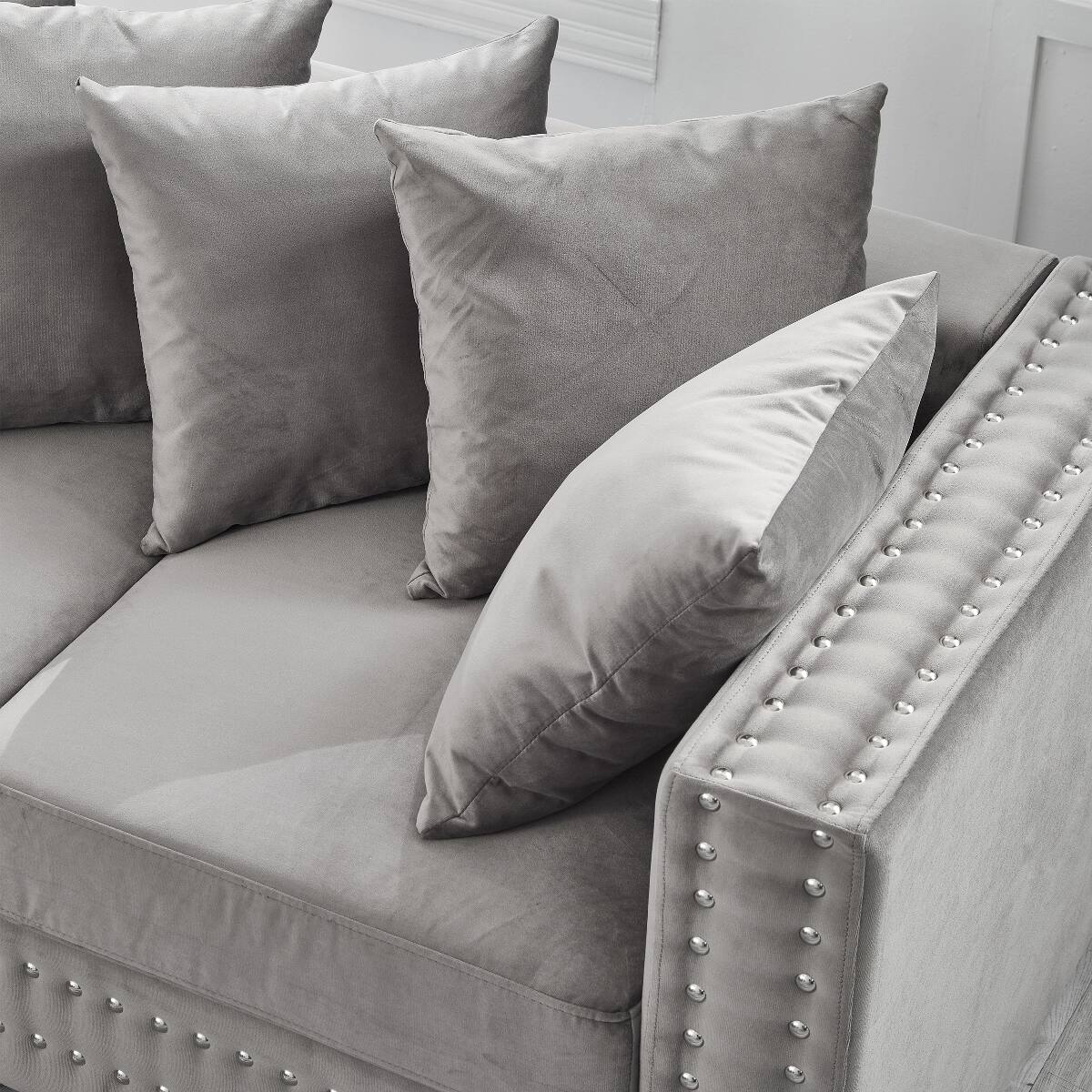 Alt View 2. Ropilly - Ropilly Grey Velvet Sofa with Square Arms, 3 Seat Living Room Sofa with Silver Nailhead Trim and Storage - Grey.