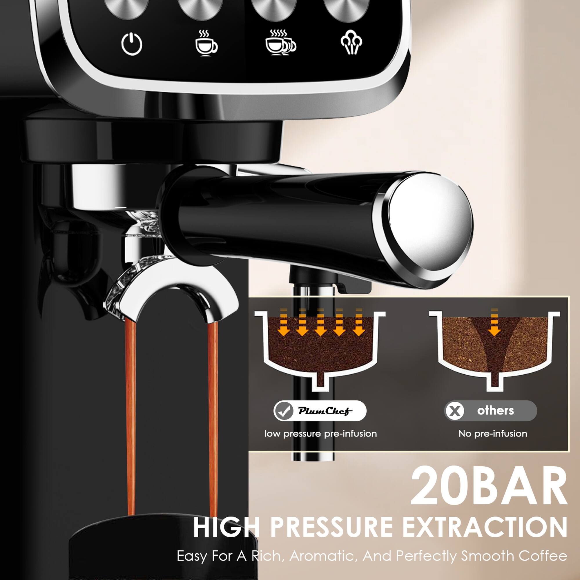 PlumChef  
Low pressure pre-infusion  
Others  
No pre-infusion  

20BAR  
HIGH PRESSURE EXTRACTION  
Easy For A Rich, Aromatic, And Perfectly Smooth Coffee