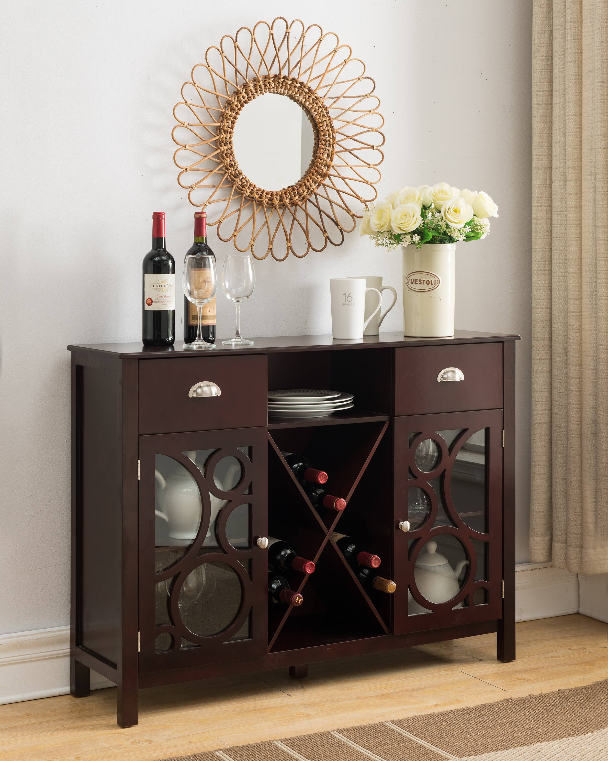 Kings Brand Furniture - Jamestown Wood Buffet Server Storage Sideboard Wine Cabinet, Cherry - Dark Brown
