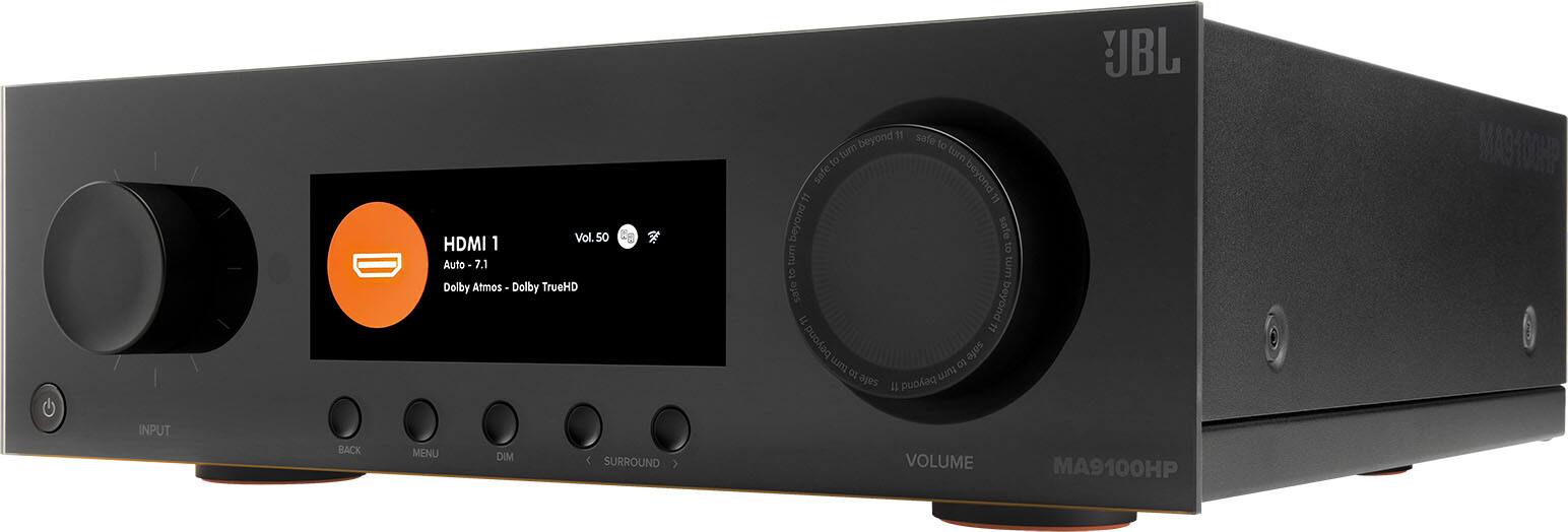 The text on the image reads: "Vol.5 50 HDMI 1 Auto 7.1 Dolby Atmos Dolby TrueHD beyond 11 safe to turn beyond 11 safe to turn 9 turn sofe beyond 71 beyond11 as um e to safe puolag UBL MAMP INPUT BACK MENU DIM SURROUND VOLUME MA9100HP."