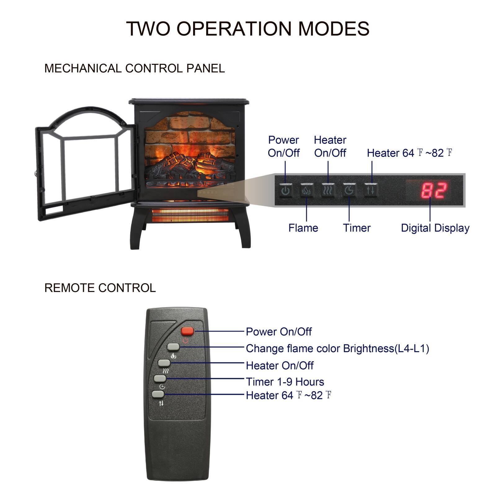 **TWO OPERATION MODES**

**MECHANICAL CONTROL PANEL**

- Power On/Off
- Heater On/Off
- Flame
- Timer
- Digital Display
- Heater 64 F ~82 F

**REMOTE CONTROL**

- Power On/Off
- Change flame color Brightness(L4-L1)
- Heater On/Off
- Timer 1-9 Hours
- Heater 64 F ~82 F