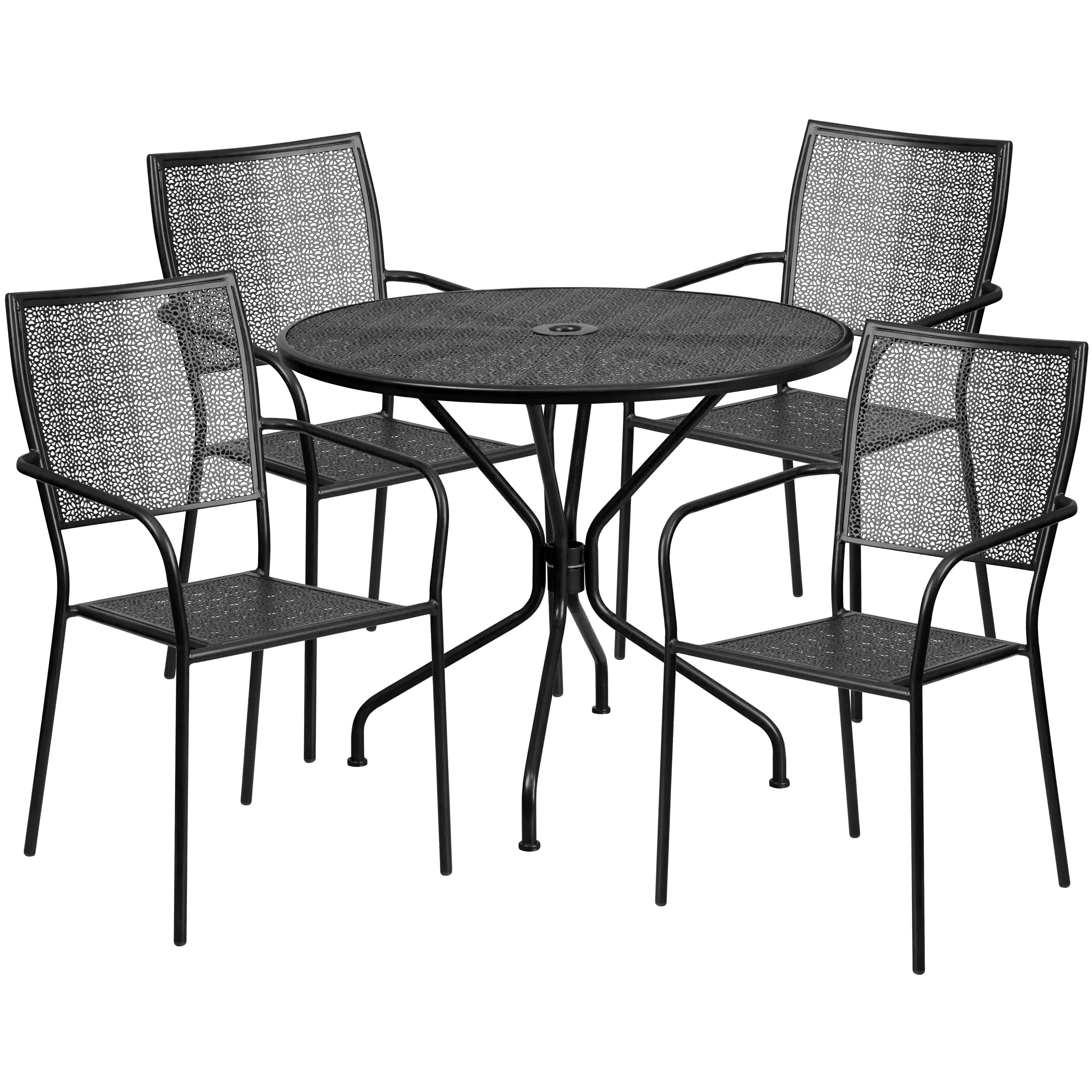 Emma + Oliver - Commercial Grade 35.25" Round Metal Garden Patio Table Set, 4 Square Back Chairs - Black