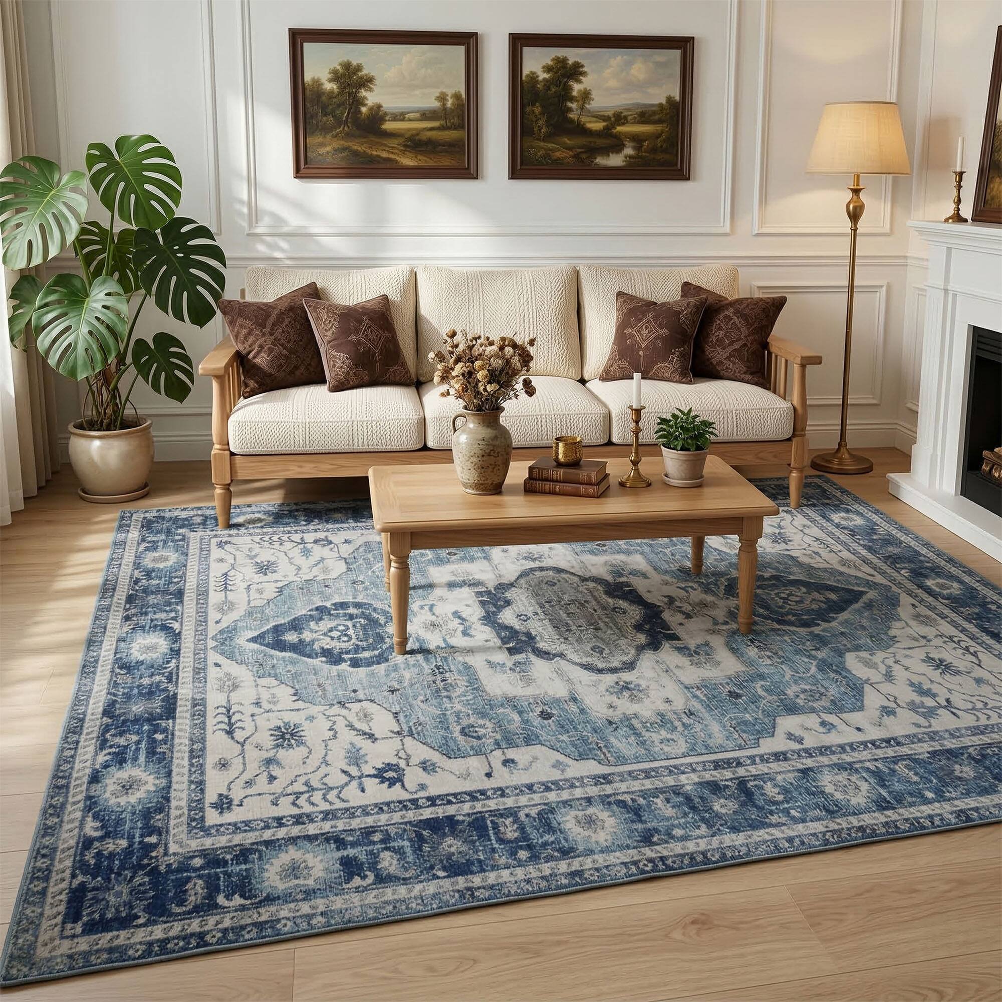 Angle. RYHNUYNE - 9x12 Area Rugs Living Room Rug, Washable Vintage Medallion Rug, Soft Carpet for Dining Room Bedroom Home Office(Blue) - Blue.