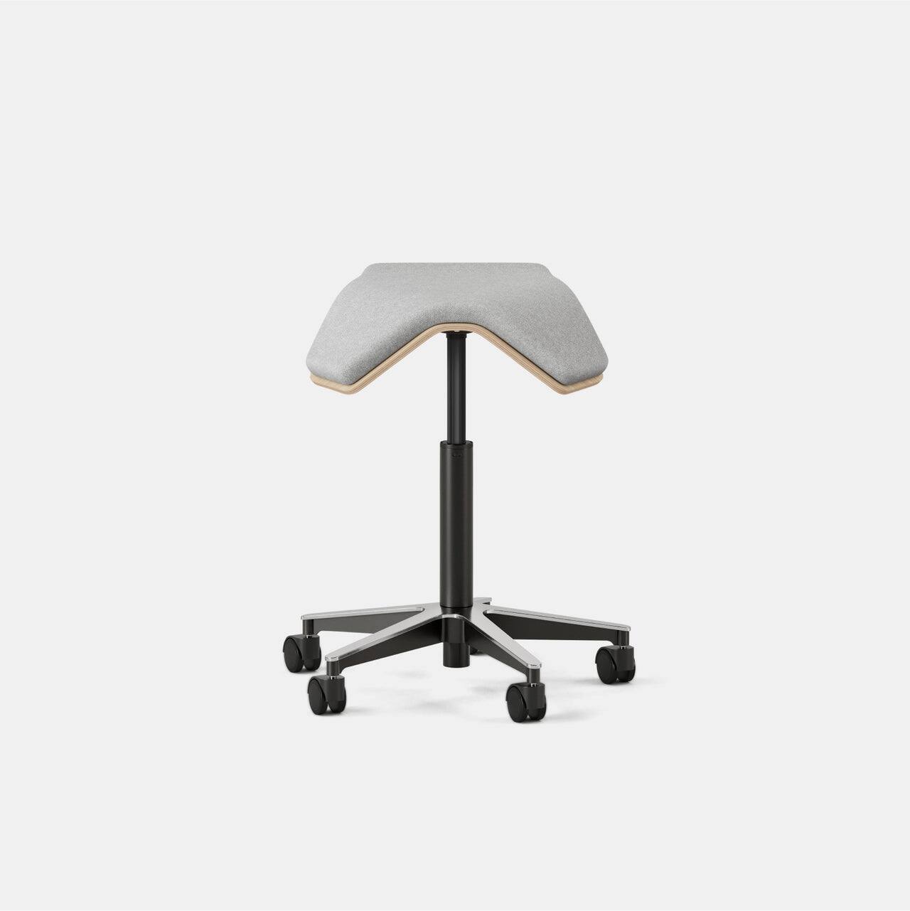 Angle. Branch Furniture - Branch Saddle Chair Plus – Rolling Ergonomic Stool for Healthy Posture with Birch Frame and Recycled Seat Fabric" - Dove / Wood.