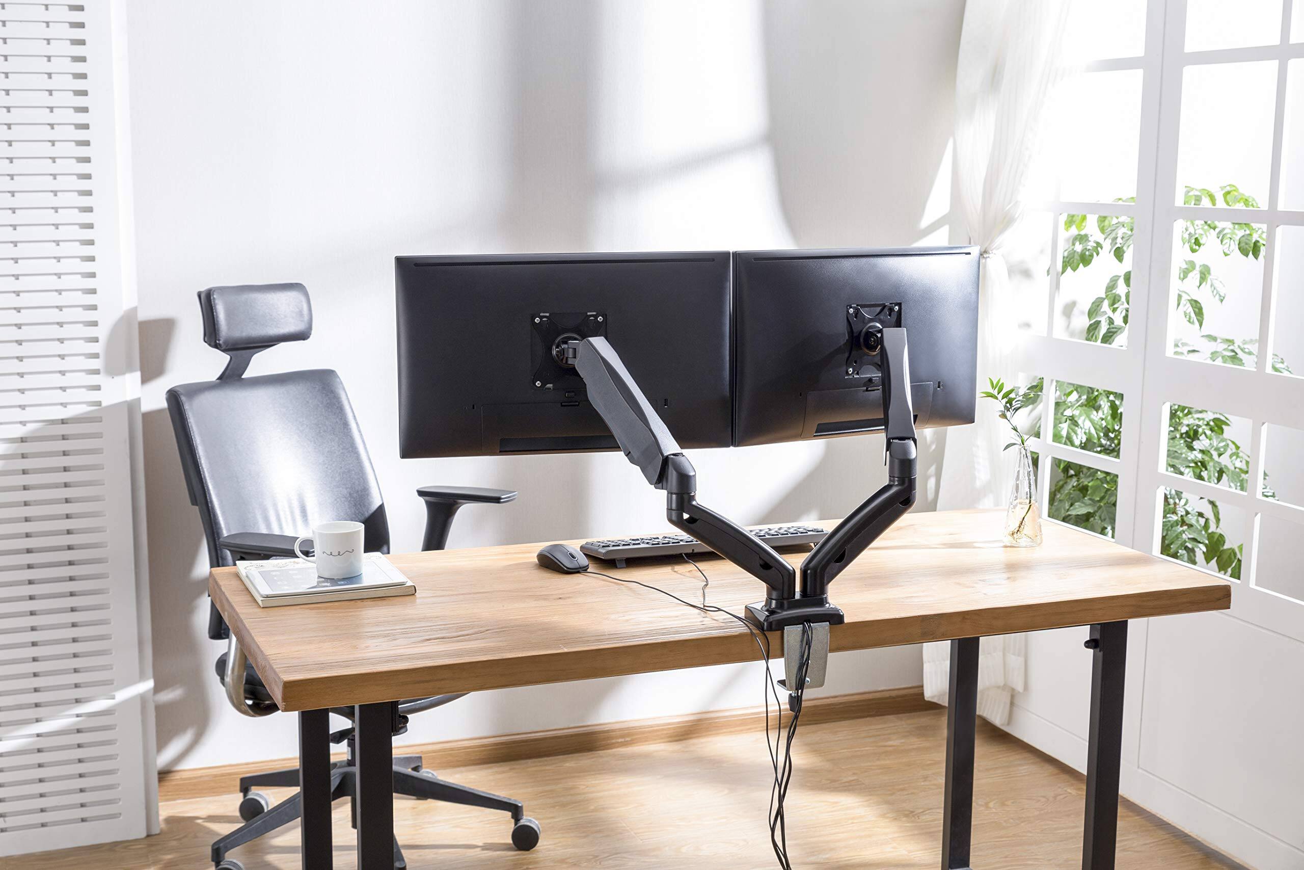 Alt View 4. Rocelco - Double Monitor Desk Mount with USB 2.0 And Audio Port, Pneumatic Full Motion Assist Adjustable Arm, Grommet and C Clamp - Black.
