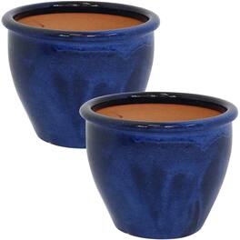 Sunnydaze - 12 in Chalet Glazed Ceramic Planter - Set of 2 - Imperial Blue