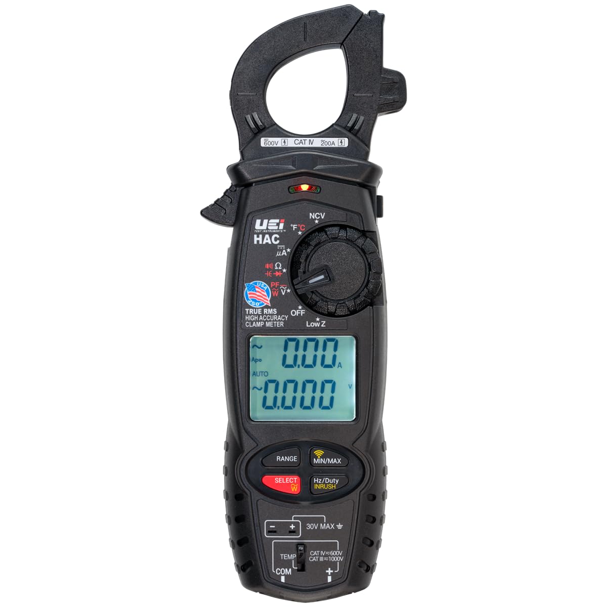 600V CAT IV 200A  
NCV UEI 'F'C not Au  
+ PF  
TRUE RMS OFF HIGH ACCURACY CLAMP METER Low Z  
Apo 000 A AUTO 0000  
RANGE  
MIN/MAX  
SELECT W  
Hz/Duty INRUSH  
+  
30V MAX  
TEMP  
CAT M N=600V CAT =1000V  
COM