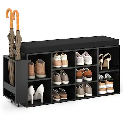 Front. Gymax - Gymax Shoe Storage Bench w/Umbrella StandPadded Seat Adjustable & Removable Shelves - Black.