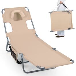 Costway - Patio Tanning Chair,Folding Beach Lounge Chair with 5-Position Adjustable Backrest - Beige