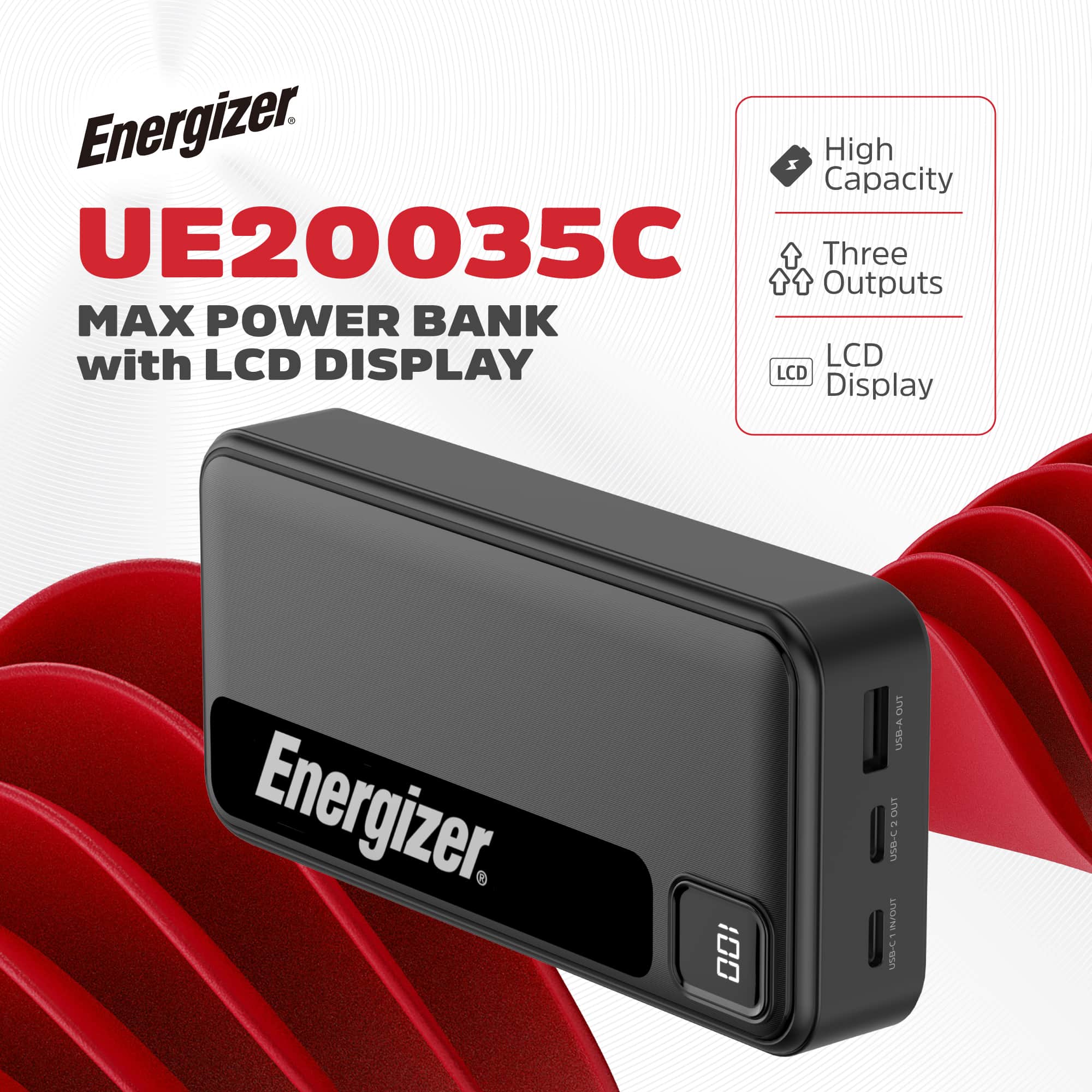 Energizer UE20035C Max Power Bank with LCD Display. Three Outputs: USB-C, USB-A, and USB-B. High Capacity: 20000mAh.