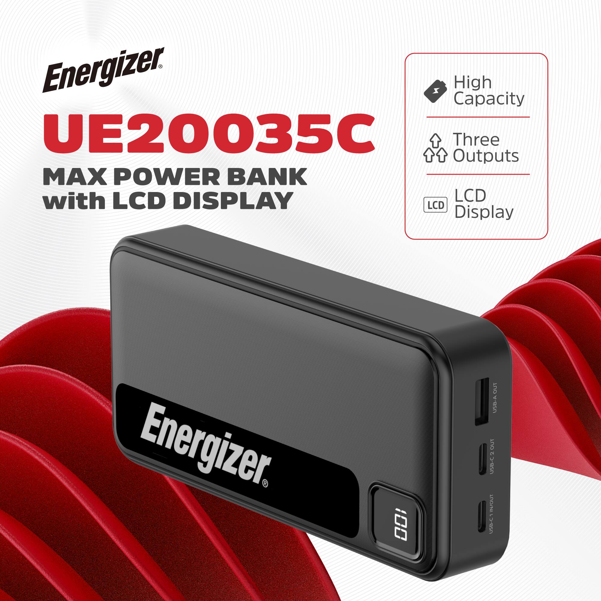 Energizer UE20035C Max Power Bank with LCD Display. Three Outputs: USB-C, USB-A, and USB-B. High Capacity: 20000mAh.