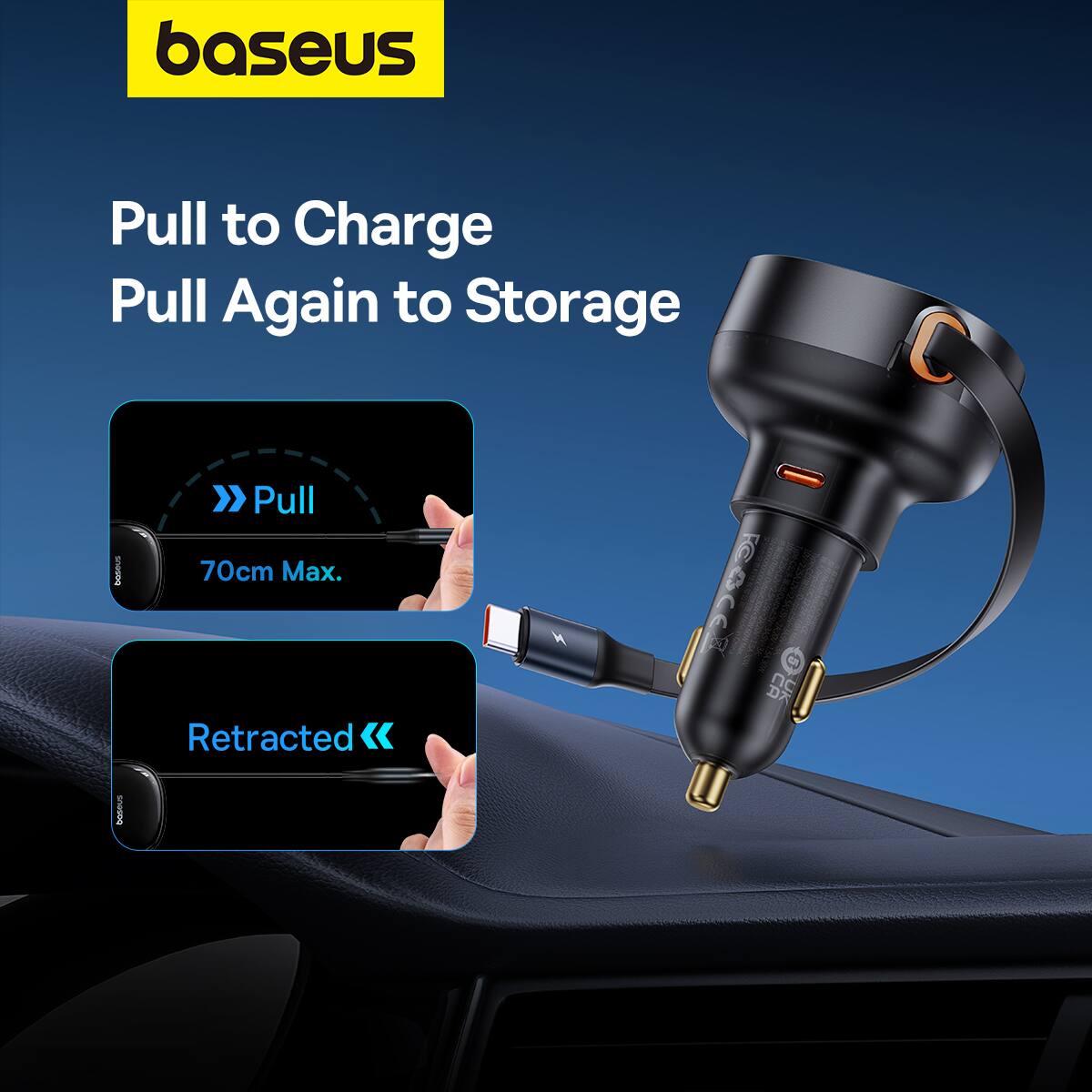 Baseus Pull to Charge Pull Again to Storage. 70cm Max. Retracted.