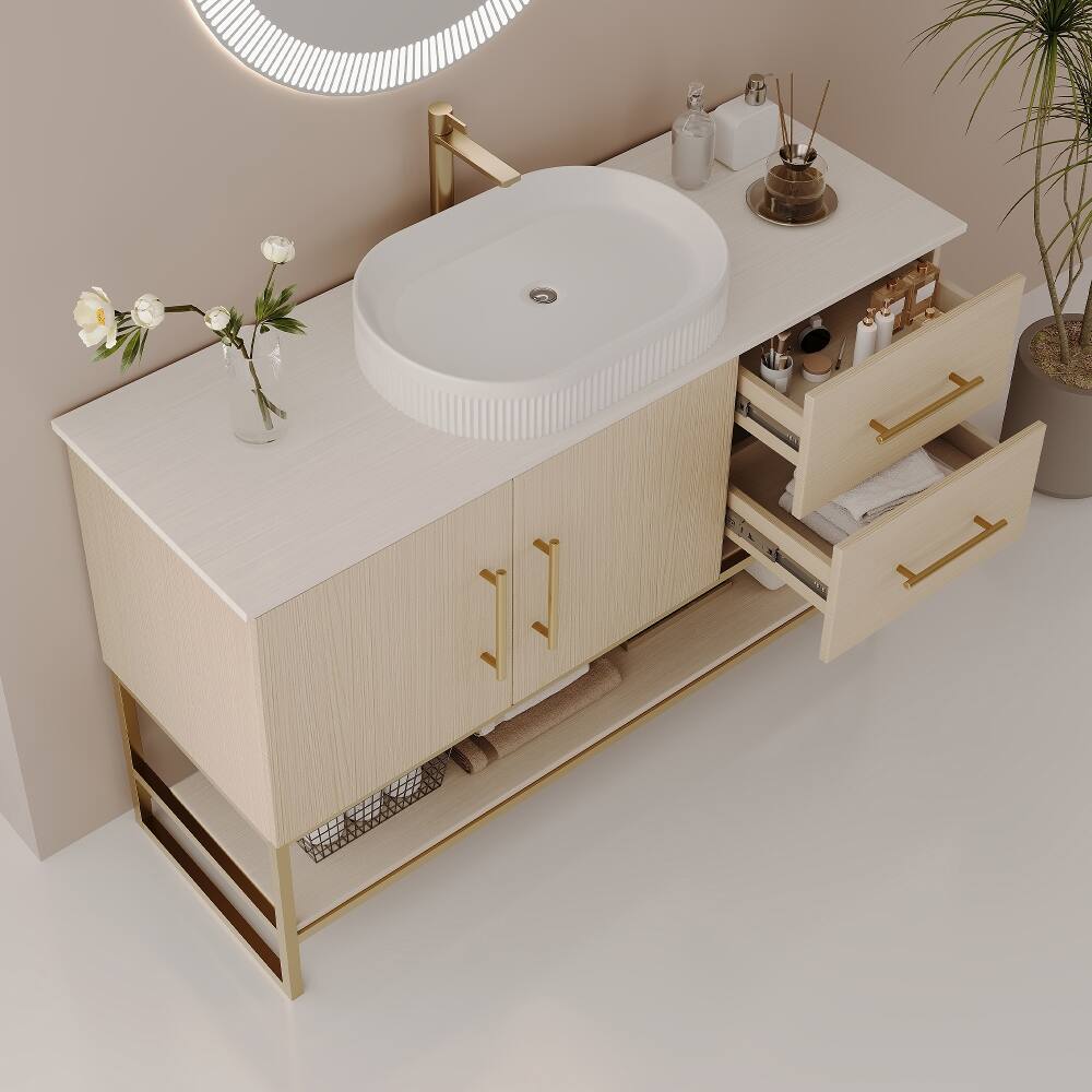 Alt View 1. Loheer - Loheer 36 inch modern bathroom vanity with ceramic vessel sink and gold accent freestanding cabinet - American White Oak.