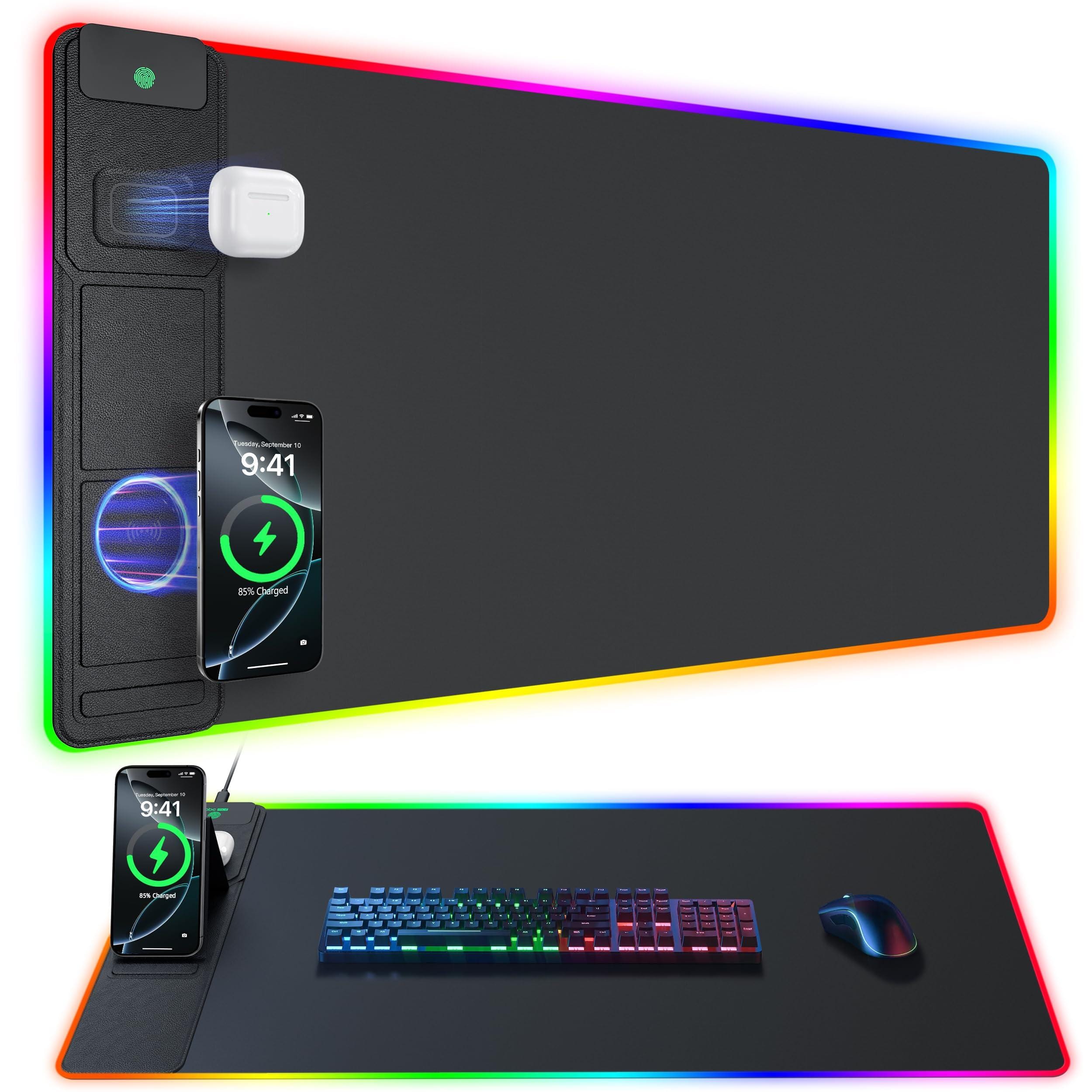 Fabibe - Mouse Pad Keyboard Mouse 1 Rgb 24 RGB RGB XXL 2-in-1 Gaming With Wireless Charging 31.5"x15.8" Large Light Effects - Black-4in1-31.5"x 15.8"-Adatper