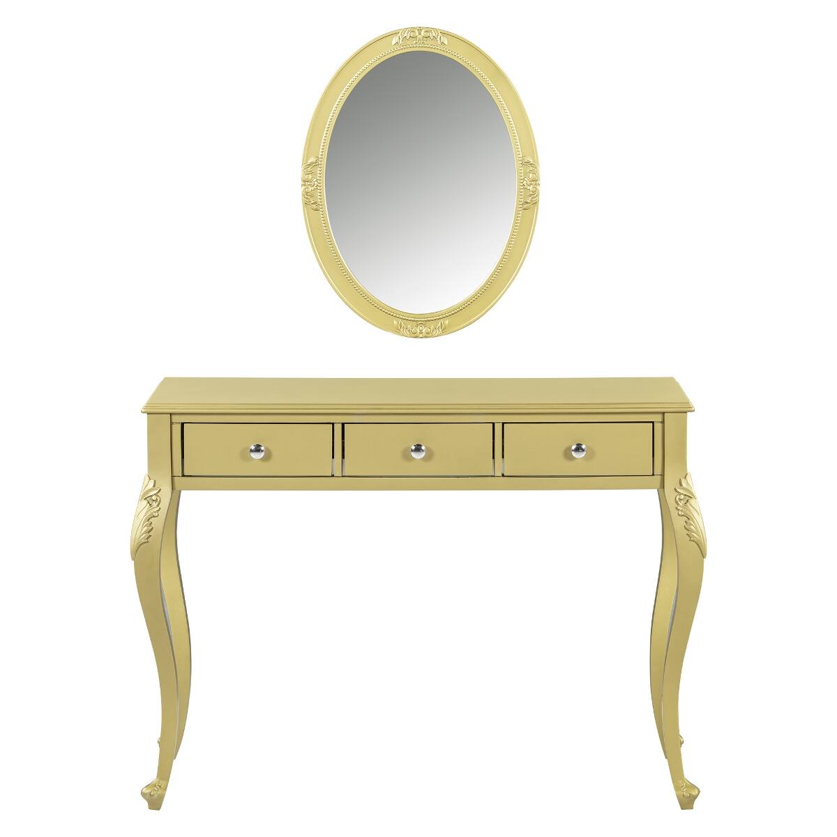 Back. Loheer - Loheer Gold Makeup Vanity Desk with Oval Mirror and Three Drawers - Gold.