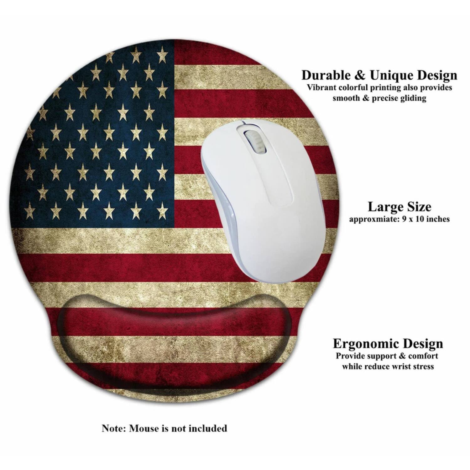 Durable & Unique Design  
Vibrant colorful printing also provides smooth & precise gliding  

Large Size  
approximate: 9 x 10 inches  

Ergonomic Design  
Provide support & comfort while reduce wrist stress  

Note: Mouse is not included