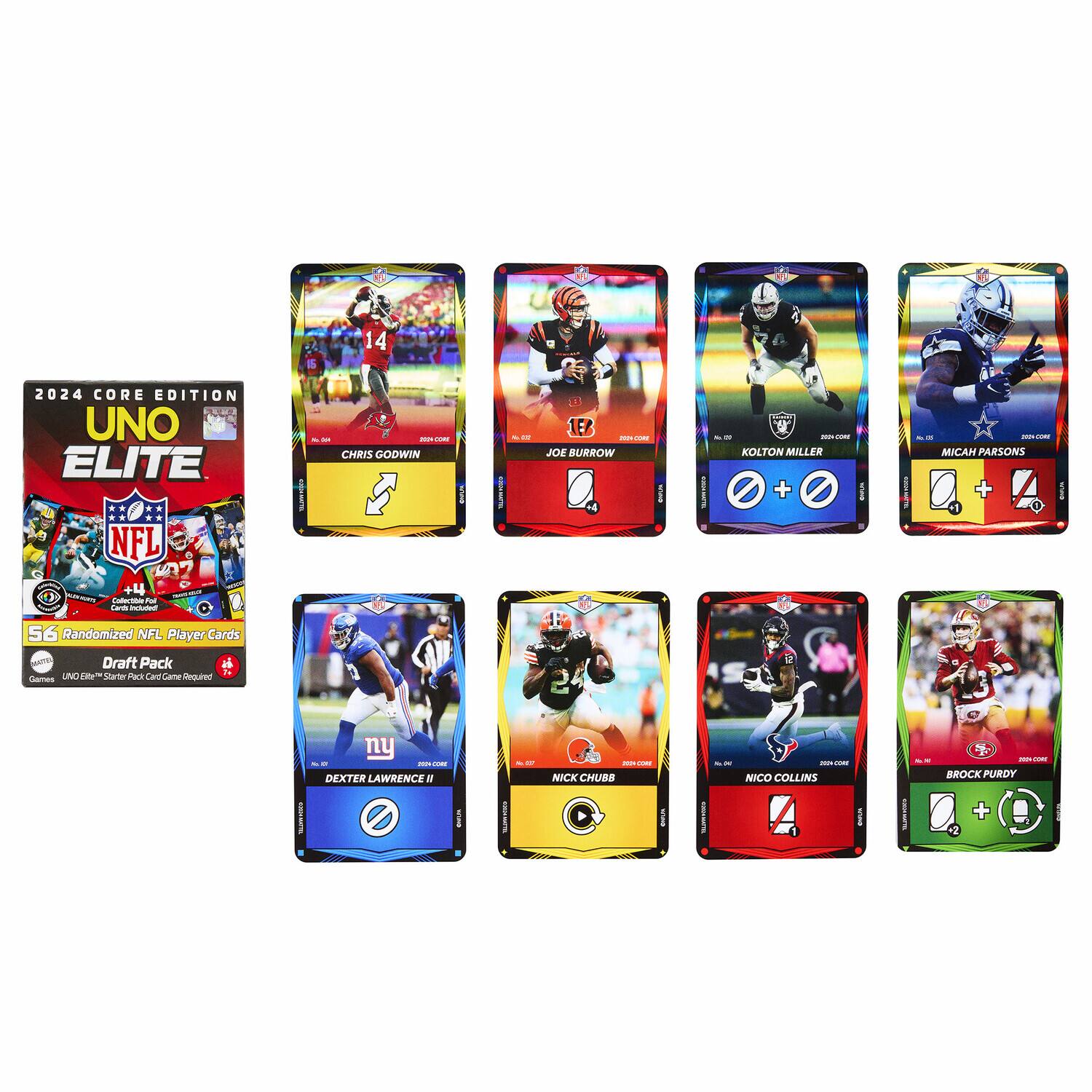 2024 Core Edition Uno Elite NFL

- Chris Godwin
- Joe Burrow
- Kolton Miller
- Micah Parsons
- Dexter Lawrence II
- Nick Chubb
- Nico Collins
- Brock Purdy

56 Randomized NFL Player Cards
Draft Pack
Uno Elite Starter Pack Card Game Required