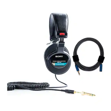 The image features a pair of Sony headphones with a cord and a microphone attached to them. The headphones are designed for professional use, and they come with a cord that can be used for connecting to a device. The microphone is also connected to the headphones, allowing for clear audio recording and communication.