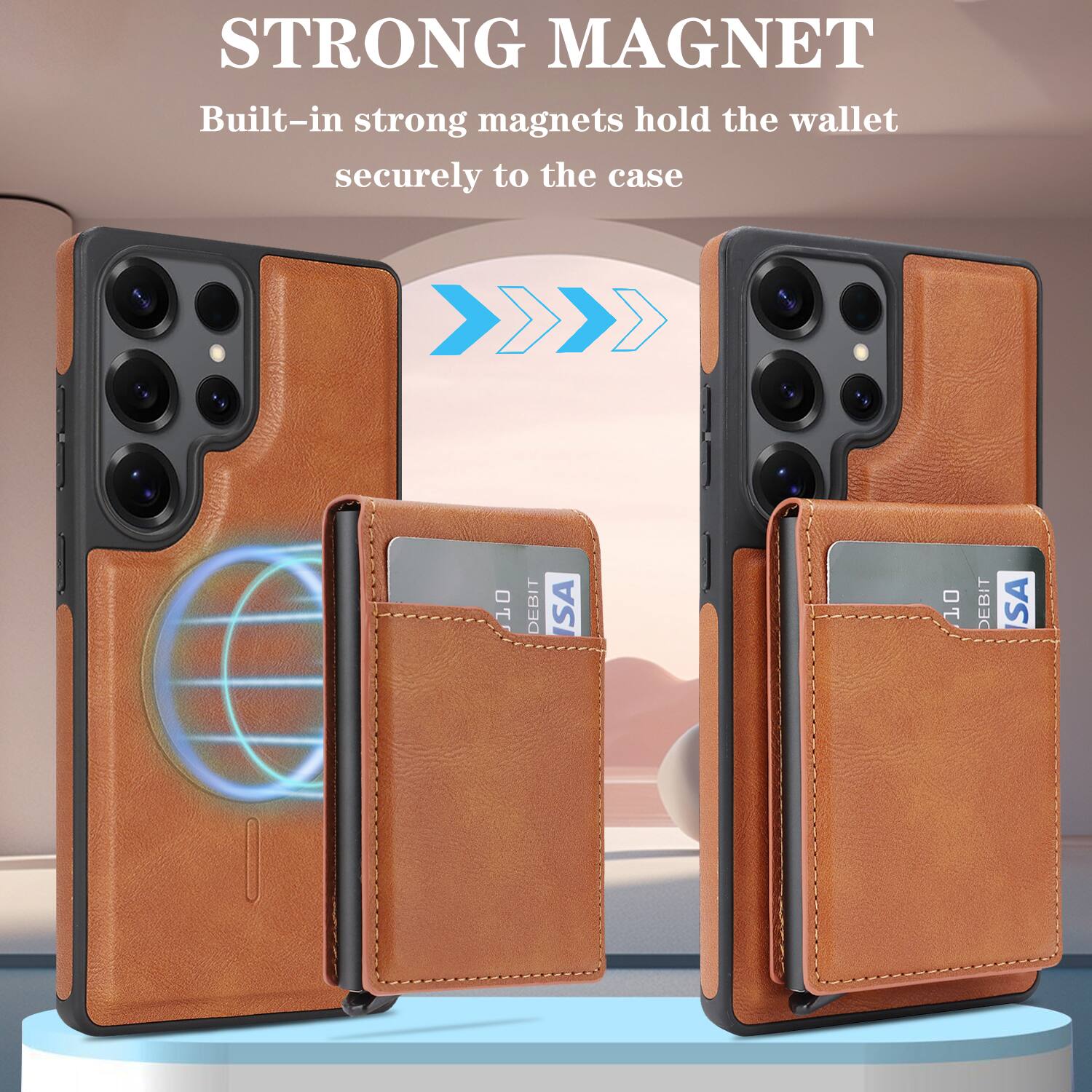 STRONG MAGNET  
Built-in strong magnets hold the wallet securely to the case