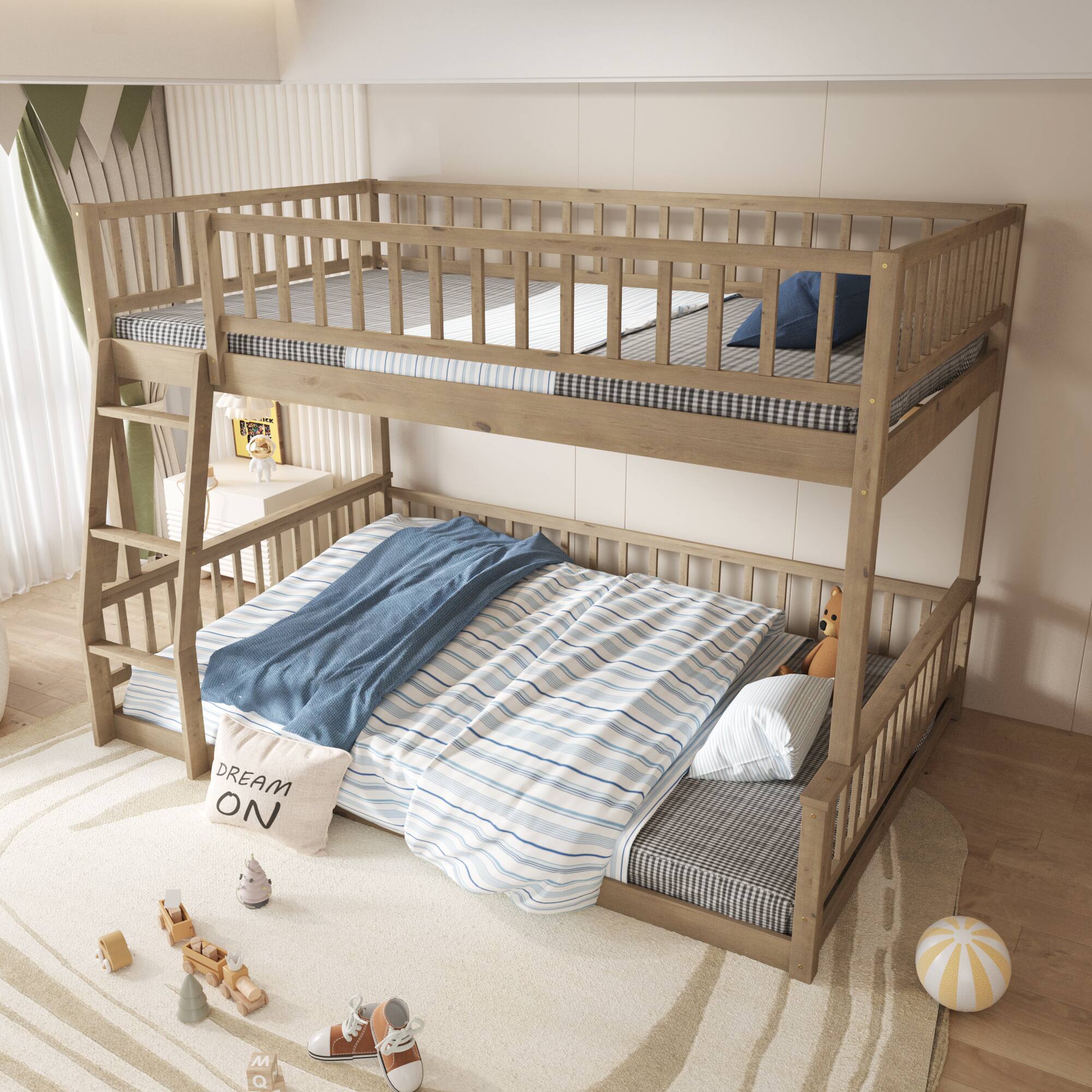 Front. Aukfa - Full XL over Queen Bunk Bed with Ladder and Guardrails - Walnut.