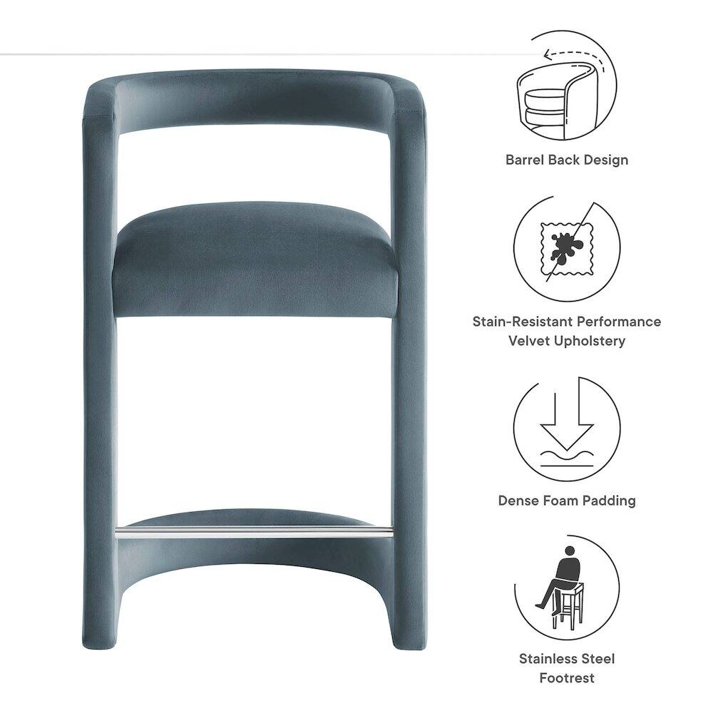- Barrel Back Design
- Stain-Resistant Performance Velvet Upholstery
- Dense Foam Padding
- Stainless Steel Footrest