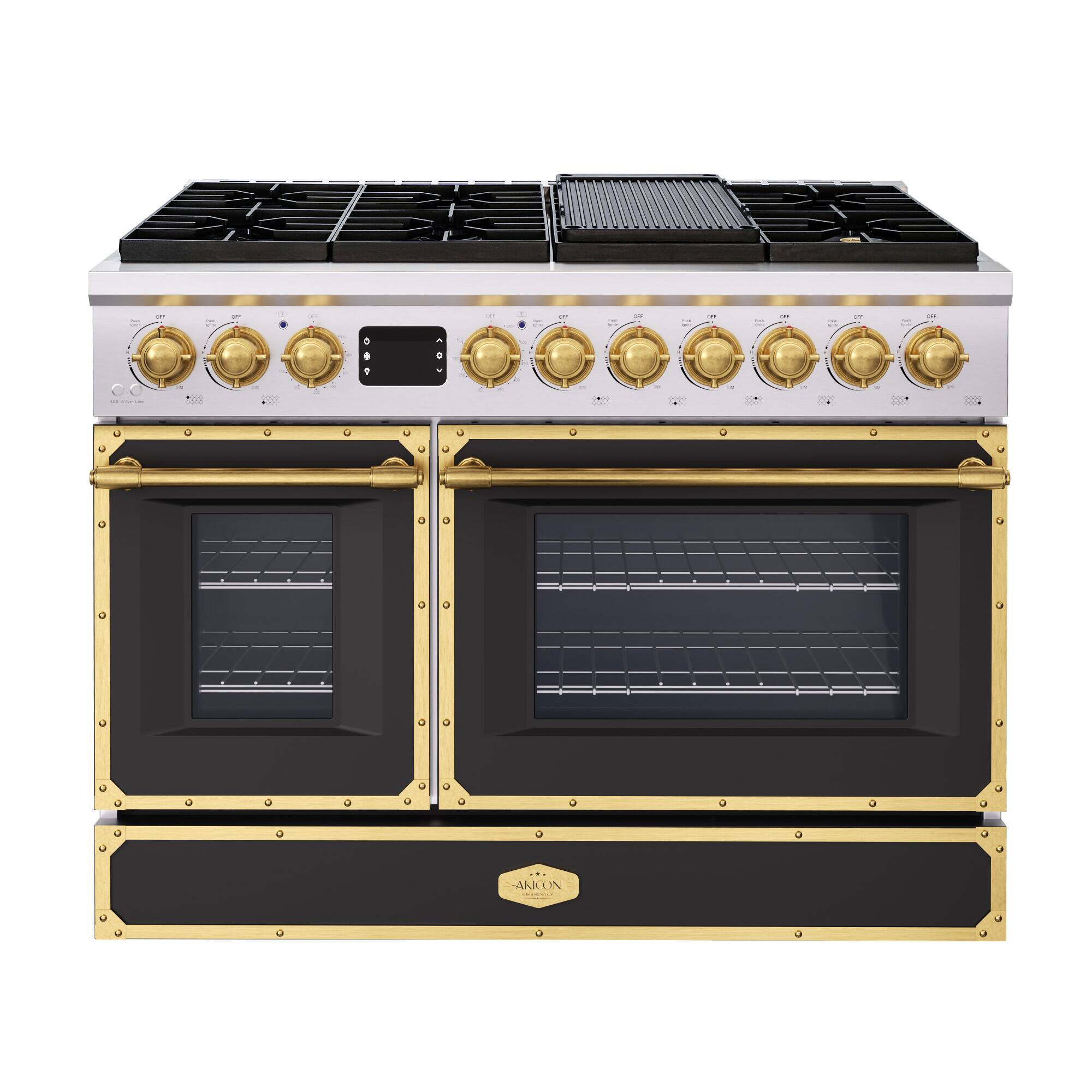 Angle. Akicon - Akicon 6.7 Cu.ft Freestanding Gas Rapid Convection Range with 8 Sealed Burners and Cast Iron Grates in Jet Black - Jet Black.