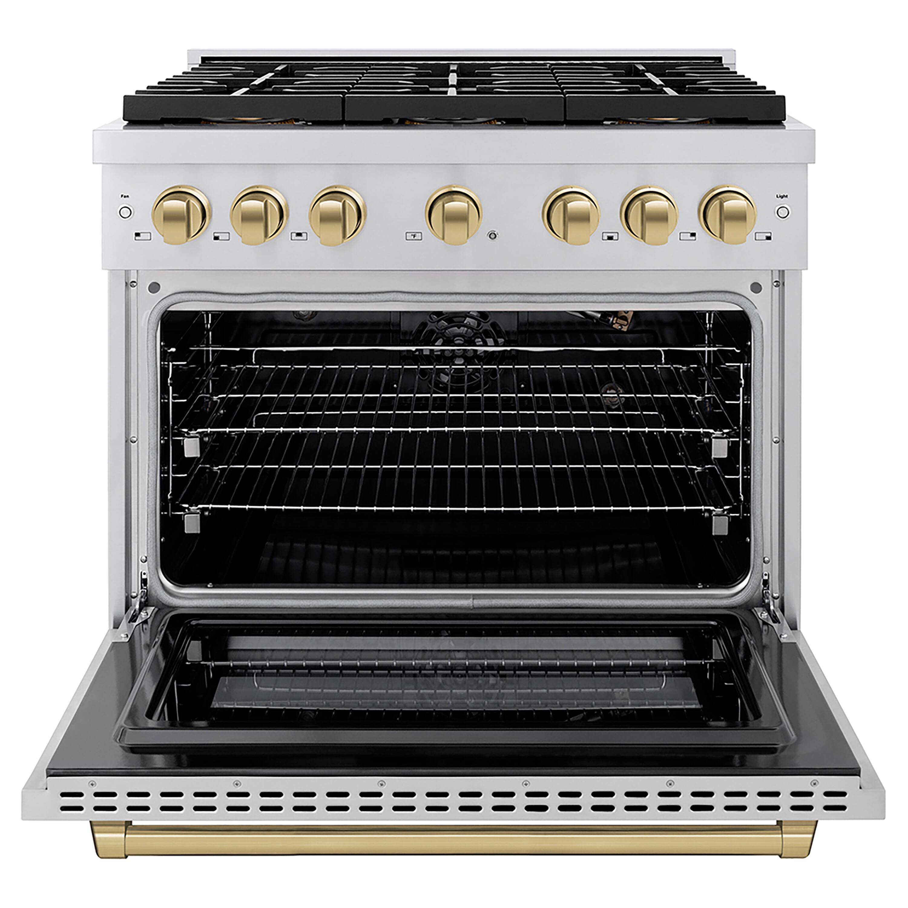 Angle. ZLINE - ZLINE Autograph 36 in. Paramount Gas Range with 6 Burner DuoPro Cooktop & Champagne Bronze Accents (PSGRZ-36-CB) - Stainless Steel.