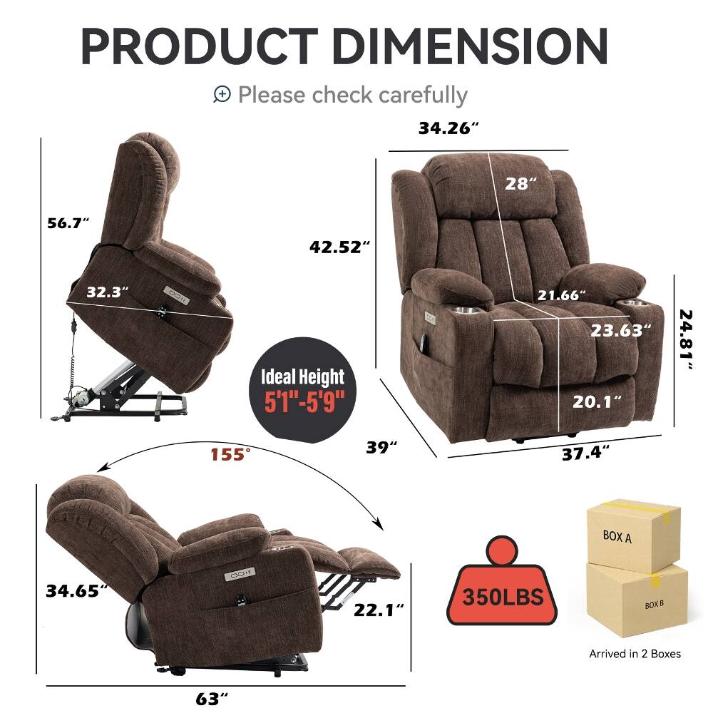 PRODUCT DIMENSION  
Please check carefully

- 34.26"
- 28"
- 56.7"
- 32.3"
- 42.52"
- Ideal Height 5'1"-5'9"
- 39"
- 21.66"
- 23.63"
- 20.1"
- 37.4"
- 24.81"
- 34.65"
- 22.1"
- 350LBS
- BOX A
- BOX B
- Arrived in 2 Boxes
- 63"